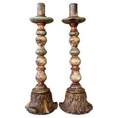 Pair Vintage Spanish Carved Polychrome Wood Candlesticks by Bonachera & Andujar