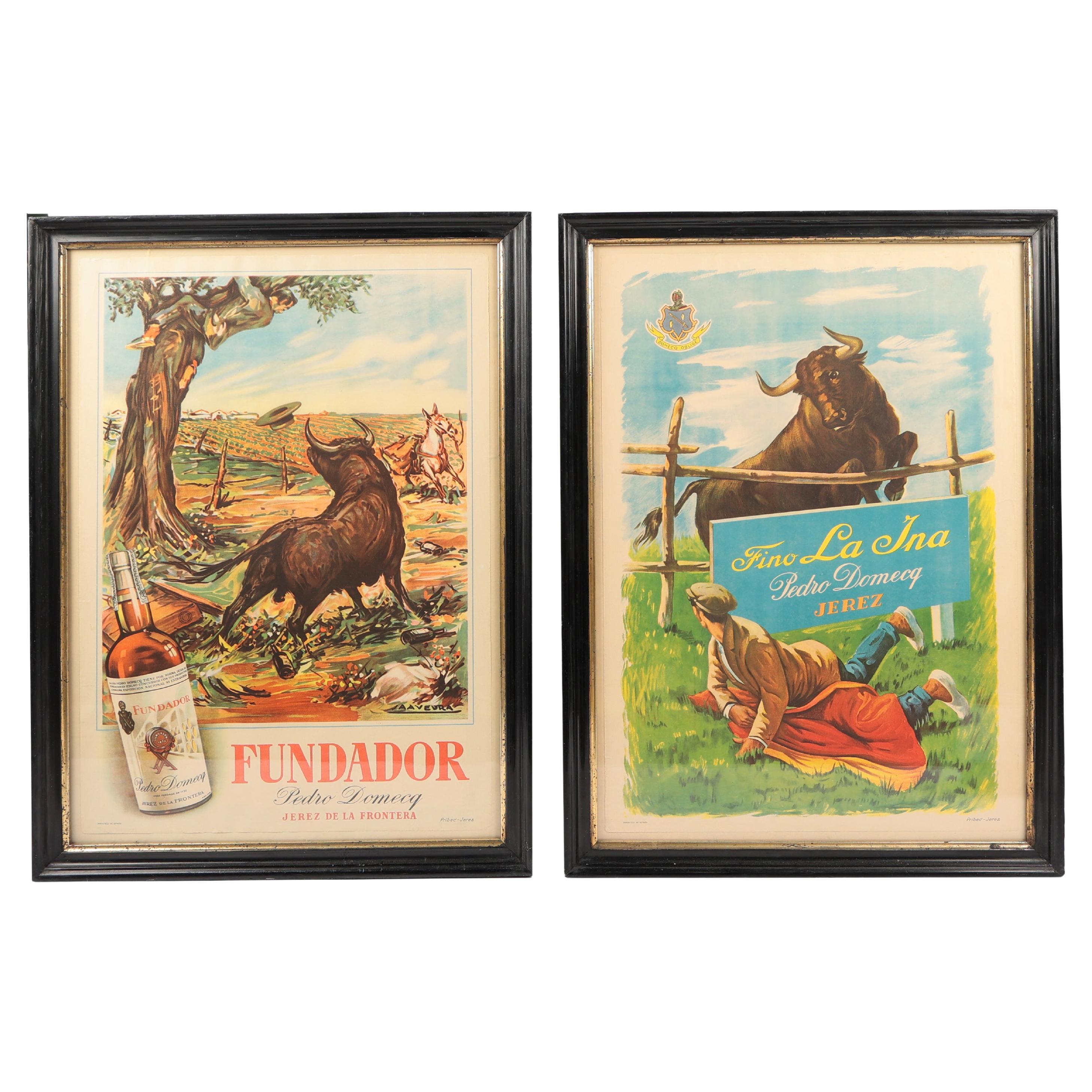 Paire d
affiches espagnoles vintage Pedro Domecq Brandy Sherry Mid Century Pub Art