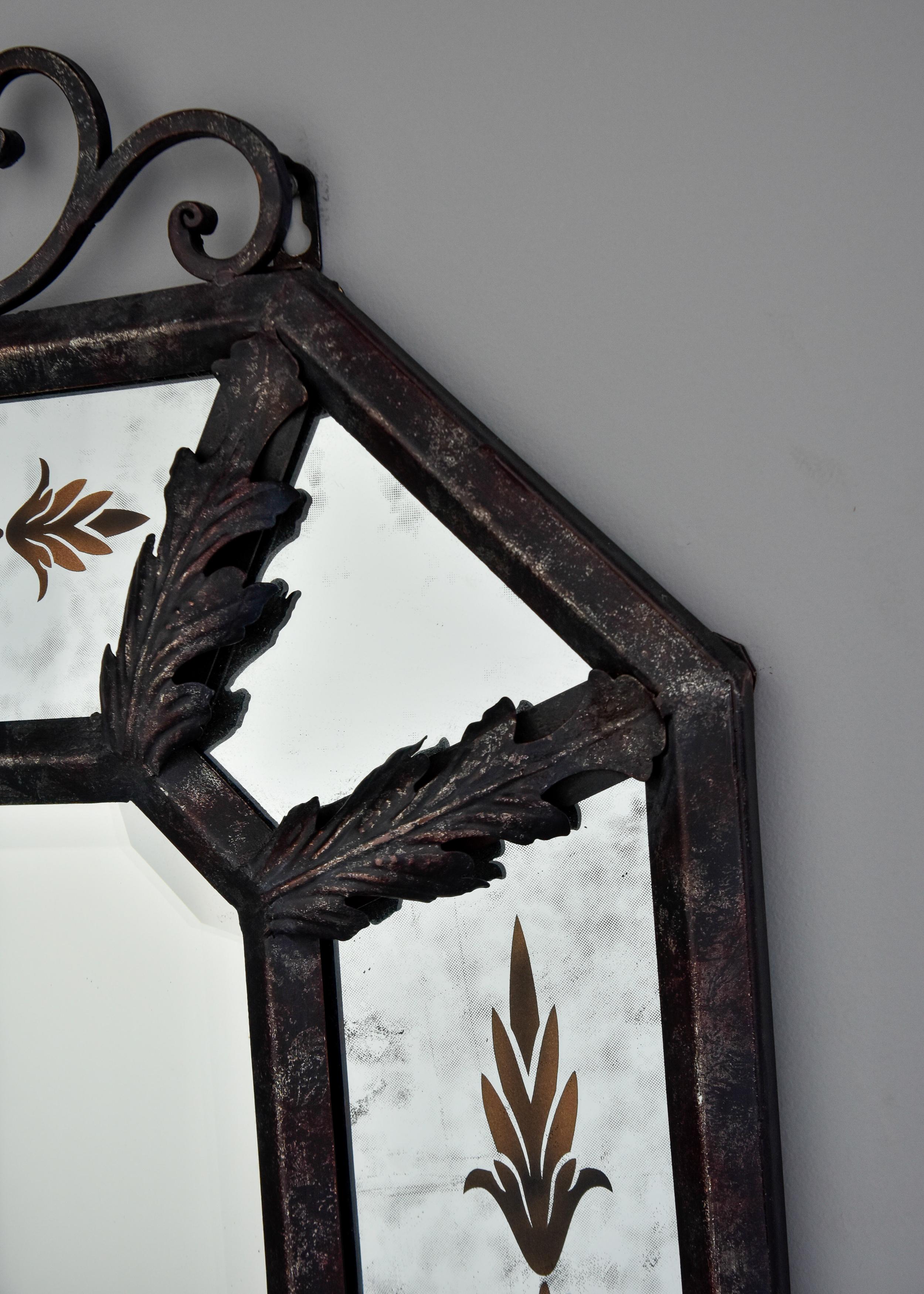 Late 20th Century Pair Vintage Spanish Iron Framed Mirrors with Decorative Painted Details For Sale