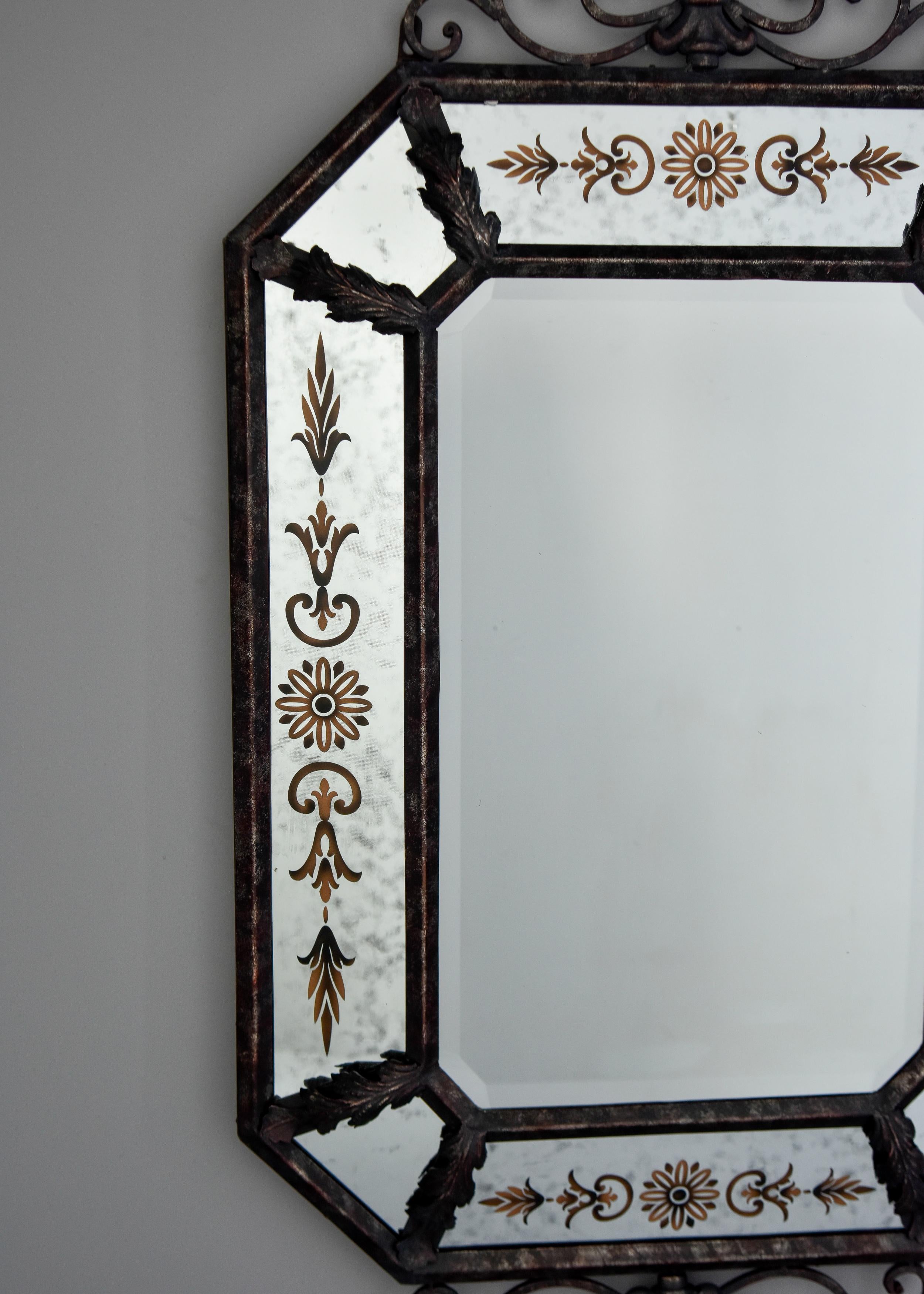 Pair Vintage Spanish Iron Framed Mirrors with Decorative Painted Details For Sale 1