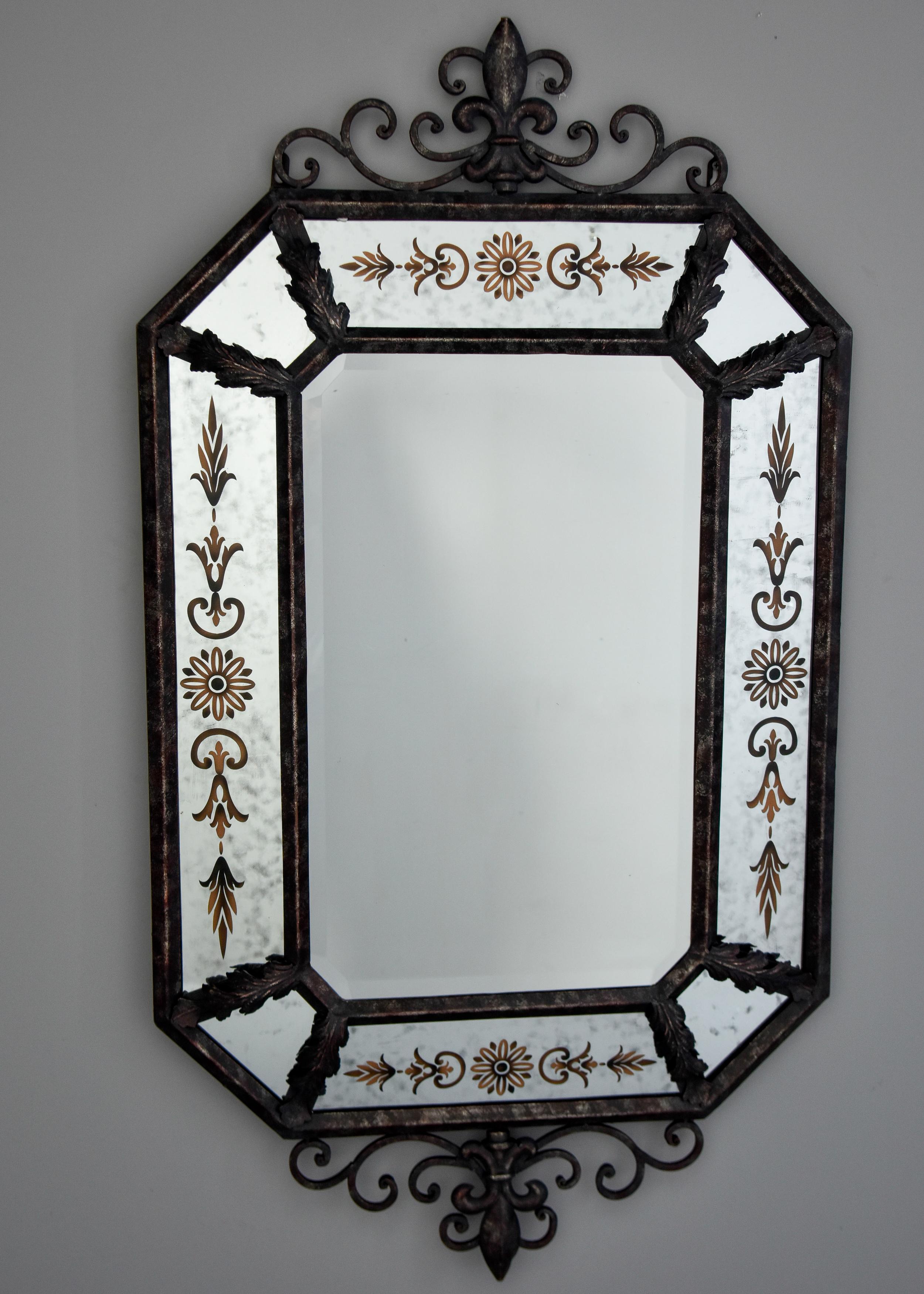 Pair Vintage Spanish Iron Framed Mirrors with Decorative Painted Details For Sale 2