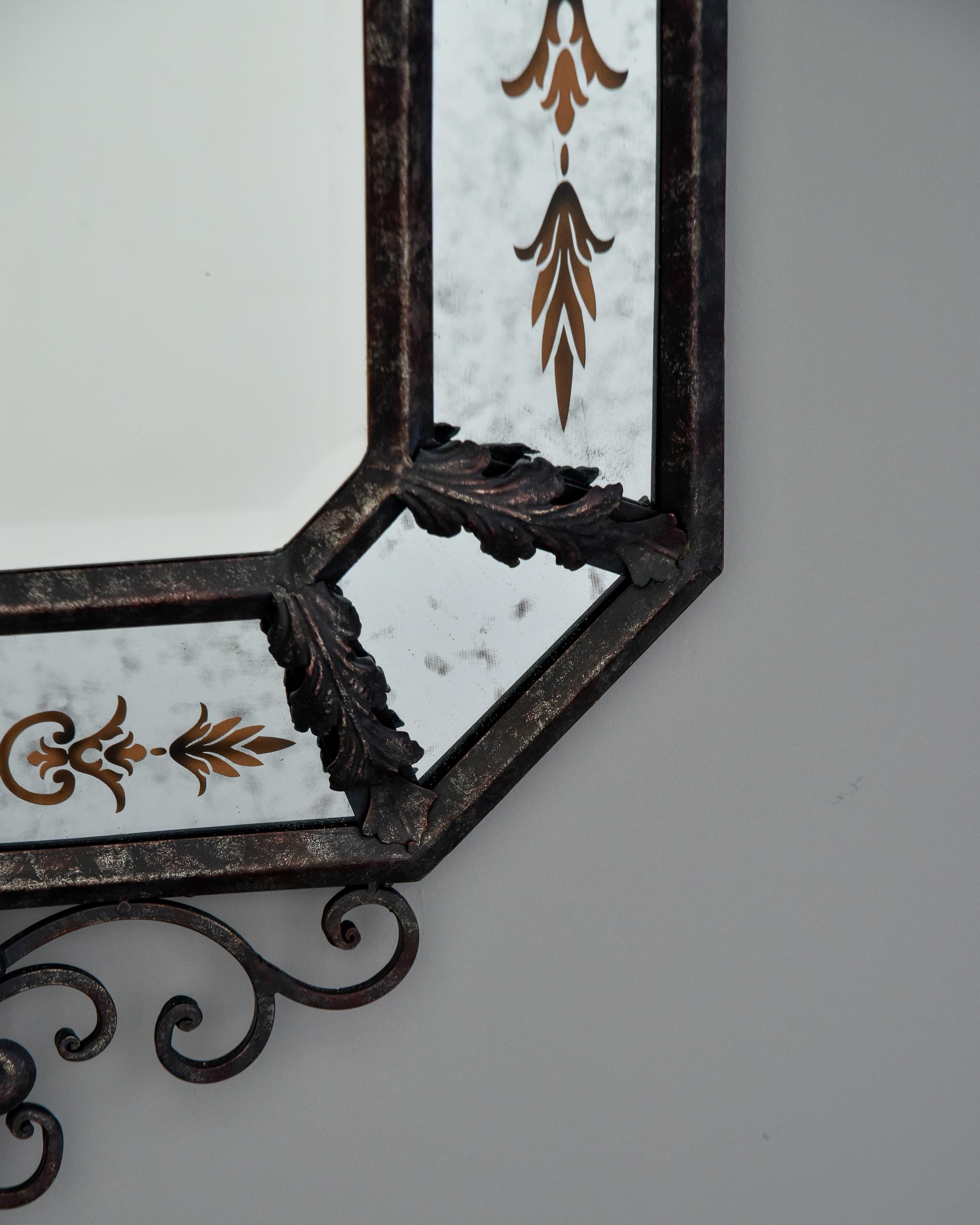 Pair Vintage Spanish Iron Framed Mirrors with Decorative Painted Details For Sale 3