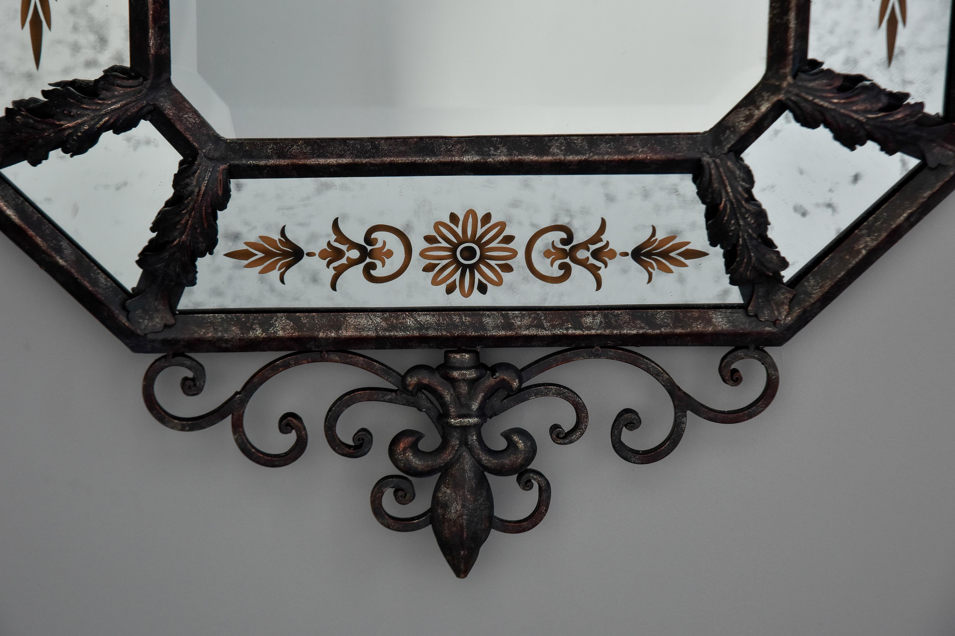 Pair Vintage Spanish Iron Framed Mirrors with Decorative Painted Details For Sale 4