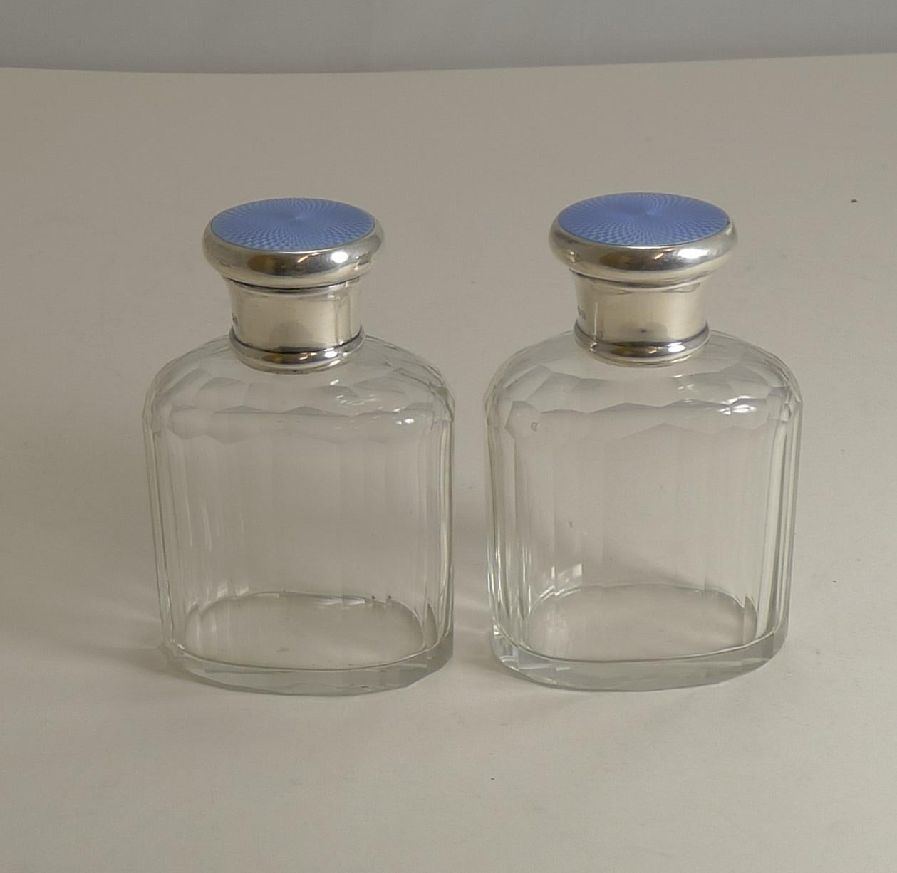 Pair of Vintage Sterling Silver and Guilloche Enamel Cologne / Scent Bottles For Sale 4