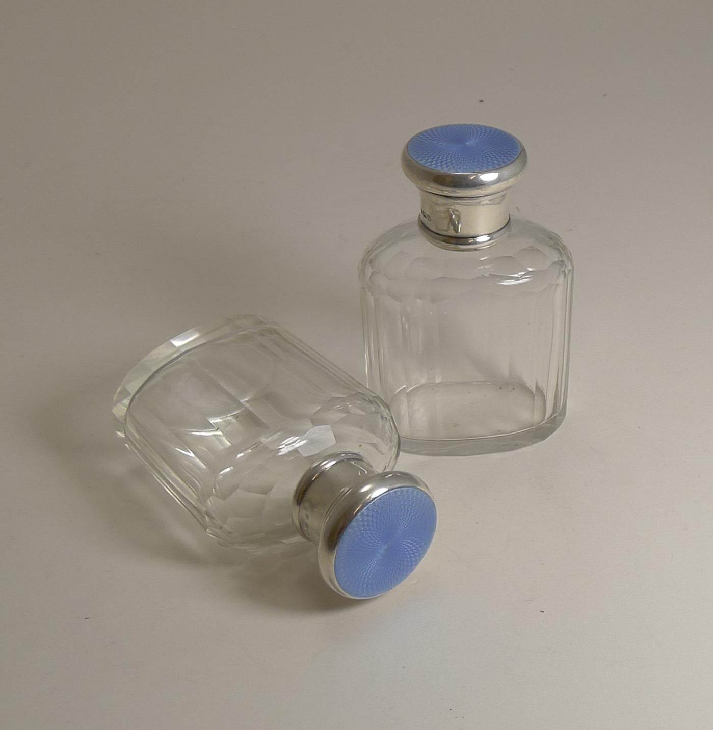 Pair of Vintage Sterling Silver and Guilloche Enamel Cologne / Scent Bottles For Sale 5