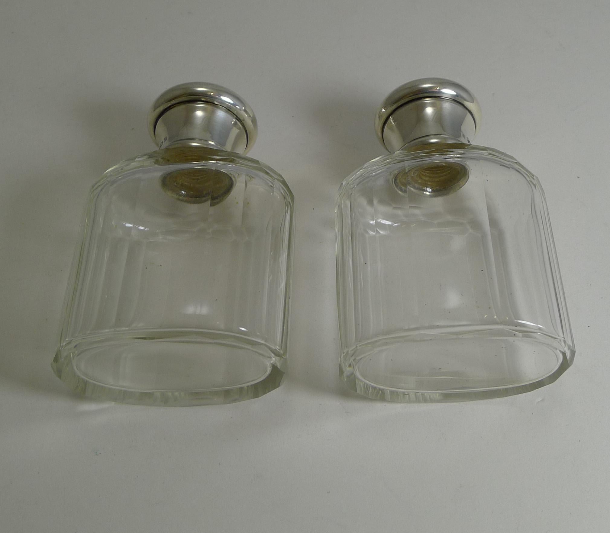 Pair of Vintage Sterling Silver and Guilloche Enamel Cologne / Scent Bottles For Sale 6