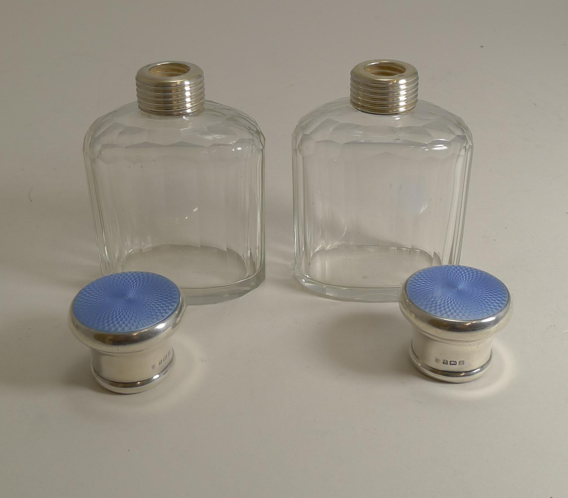 Pair of Vintage Sterling Silver and Guilloche Enamel Cologne / Scent Bottles In Good Condition For Sale In Bath, GB