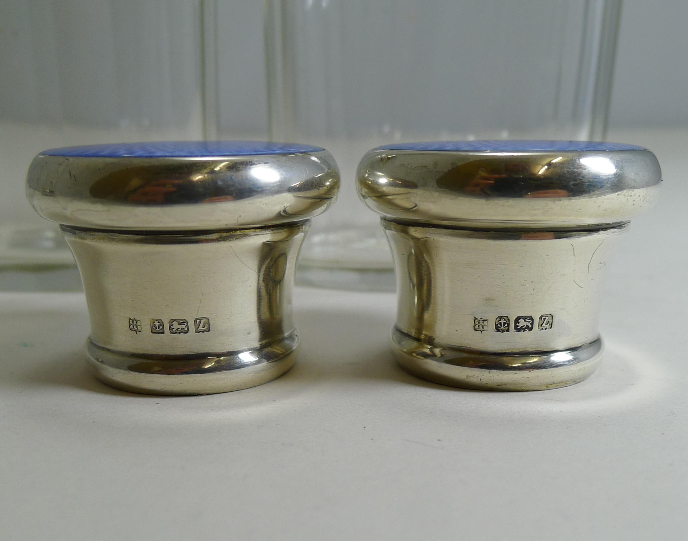 Early 20th Century Pair of Vintage Sterling Silver and Guilloche Enamel Cologne / Scent Bottles For Sale