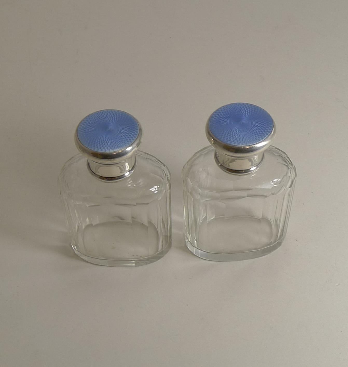 Pair of Vintage Sterling Silver and Guilloche Enamel Cologne / Scent Bottles For Sale 3