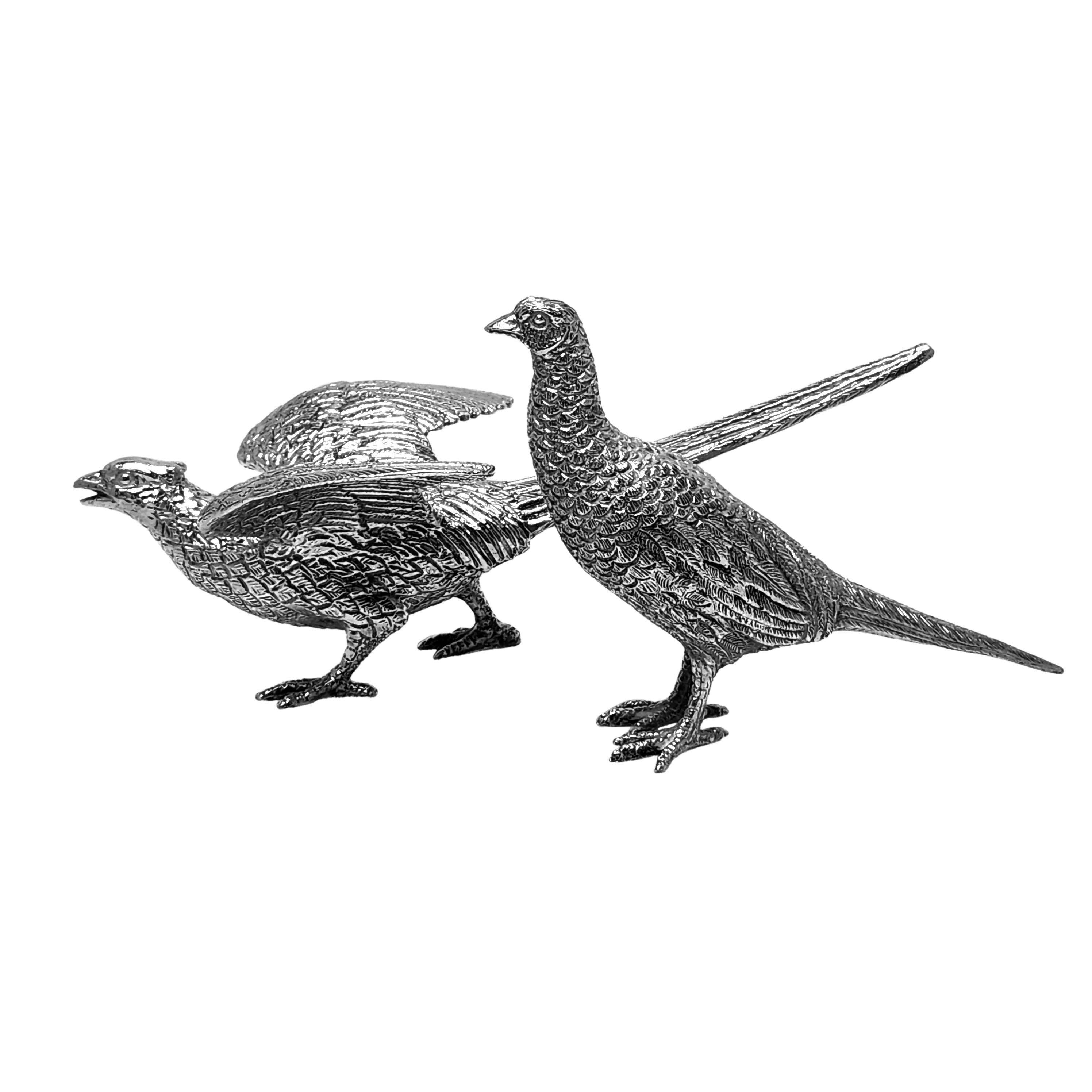 English Pair Vintage Sterling Silver Model Pheasants / Bird Figurines 1971 / 88