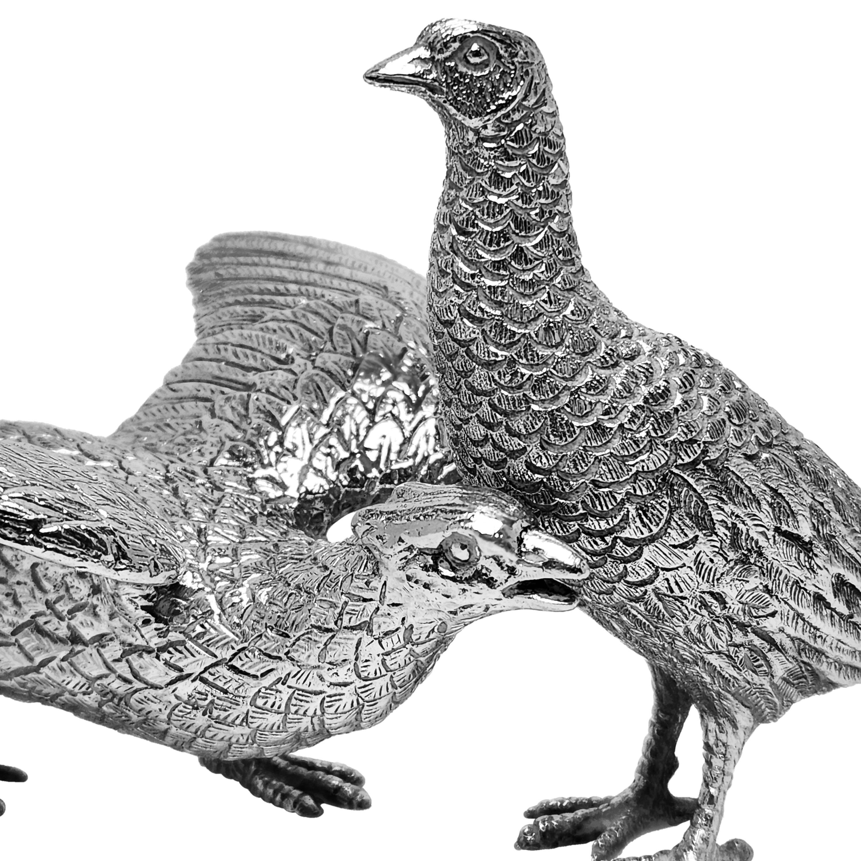 Pair Vintage Sterling Silver Model Pheasants / Bird Figurines 1971 / 88 In Good Condition In London, GB
