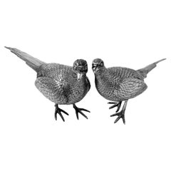 Pair Vintage Sterling Silver Model Pheasants Bird Statues Figures 1967 Comyns