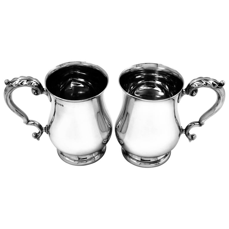 Pair of Vintage Sterling Silver Pint Mugs / Beers Mugs 1946 Georgian Style Set For Sale