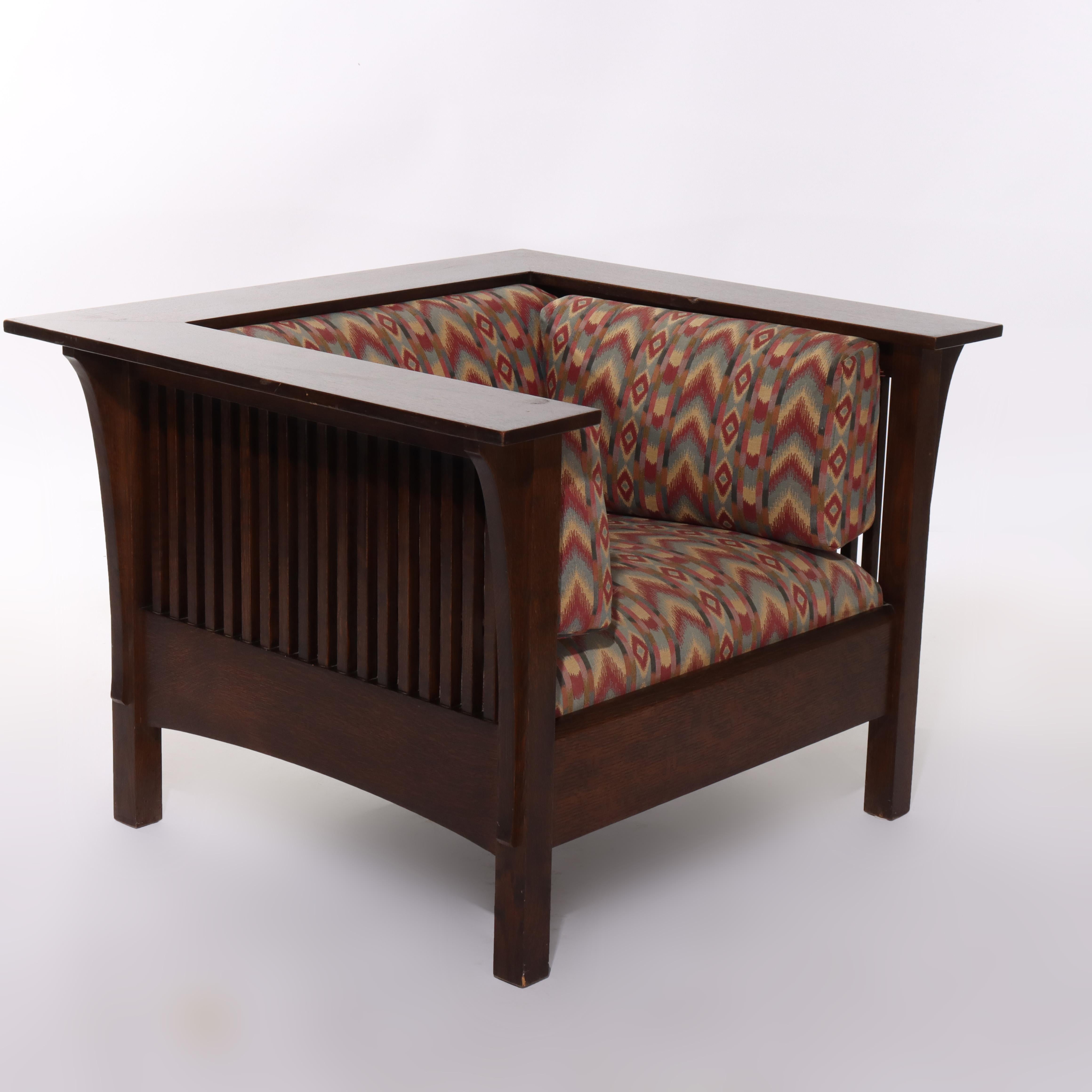 Pair Vintage Stickley Prairie School Arts & Crafts Oak Spindle Arm Chairs 20thC In Good Condition For Sale In Big Flats, NY