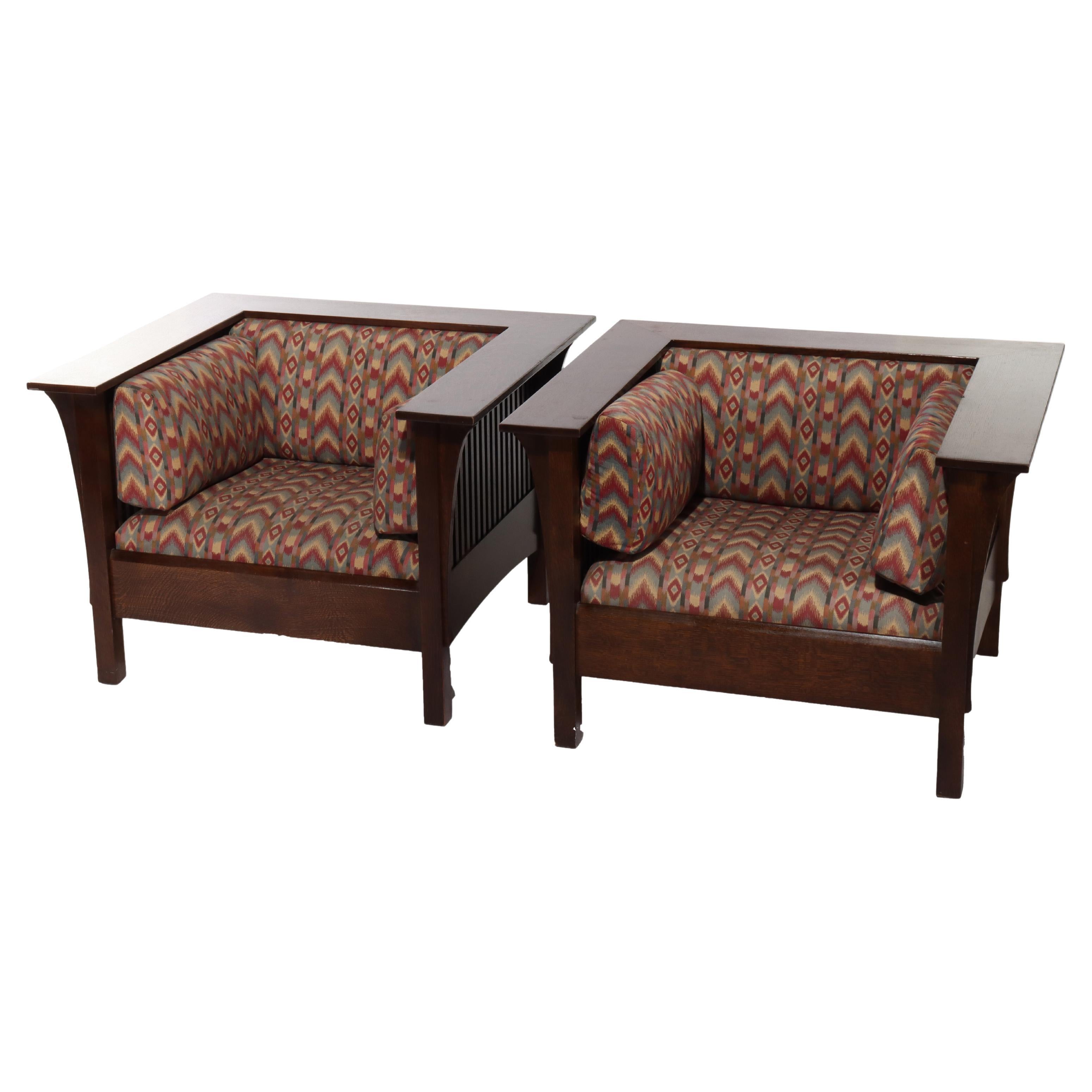 Pair Vintage Stickley Prairie School Arts & Crafts Oak Spindle Arm Chairs 20thC For Sale