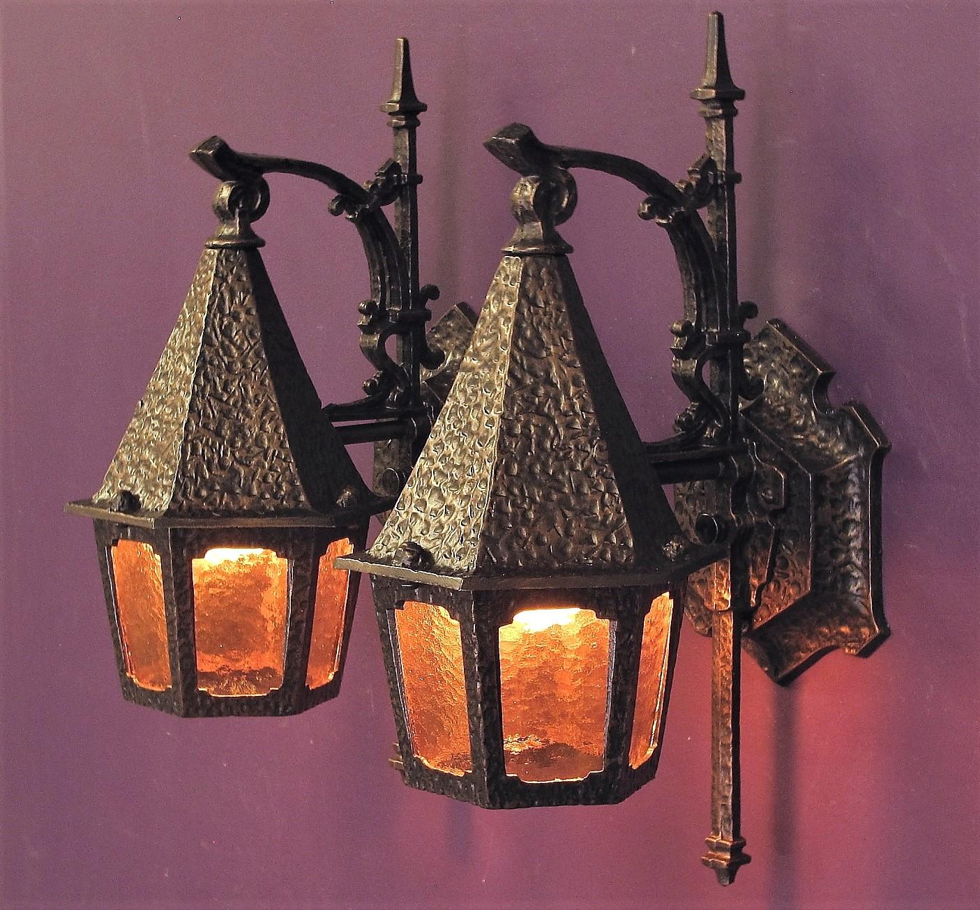 Pair Vintage Storybook Tudor Bungalow Porch Lights w/ Original Glass  In Good Condition In Prescott, US