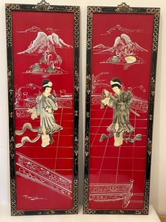 Pair Vintage Ted Lacquer Chinese Wall Screen Oanels