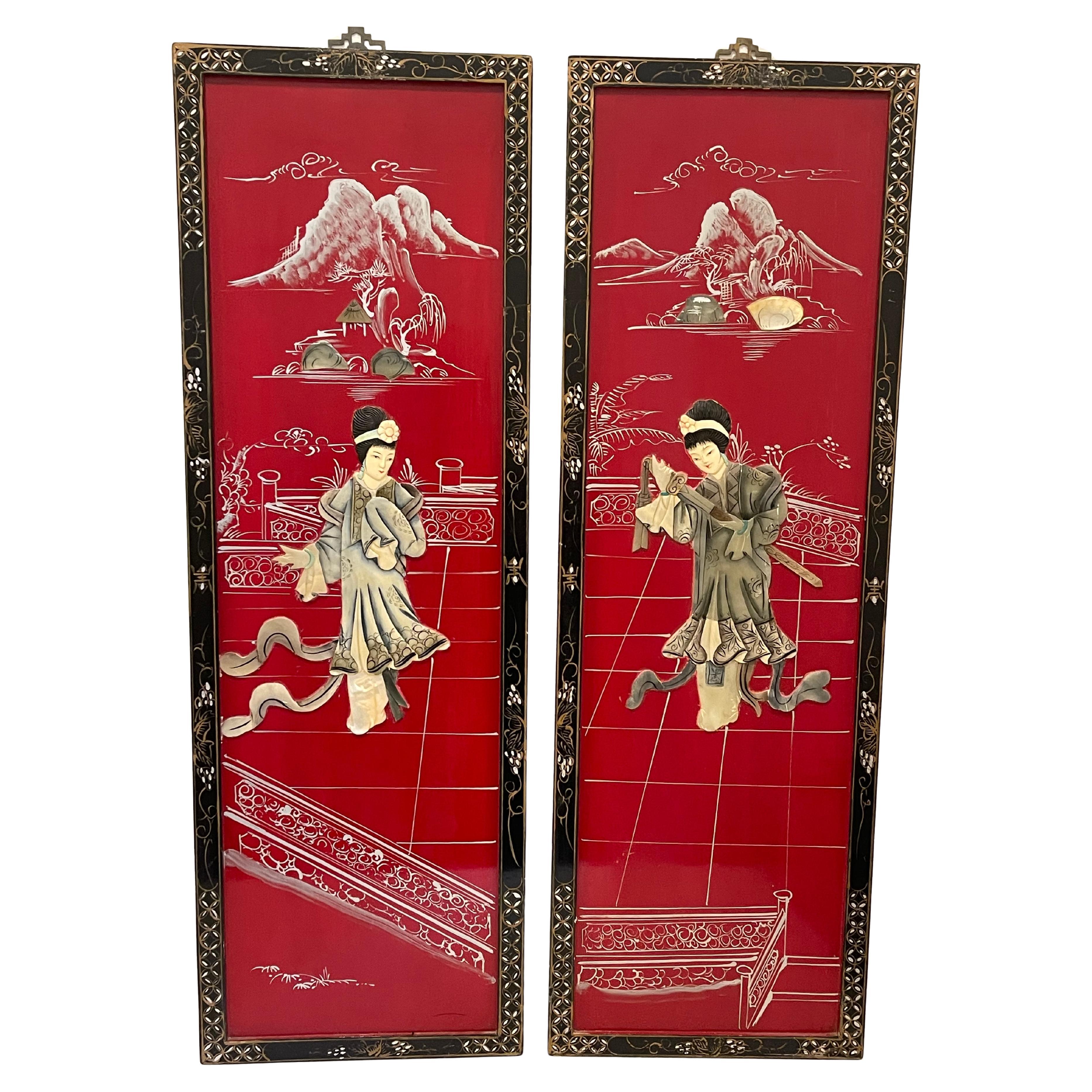 Coppia di pannelli cinesi da parete in lacca Vintage By