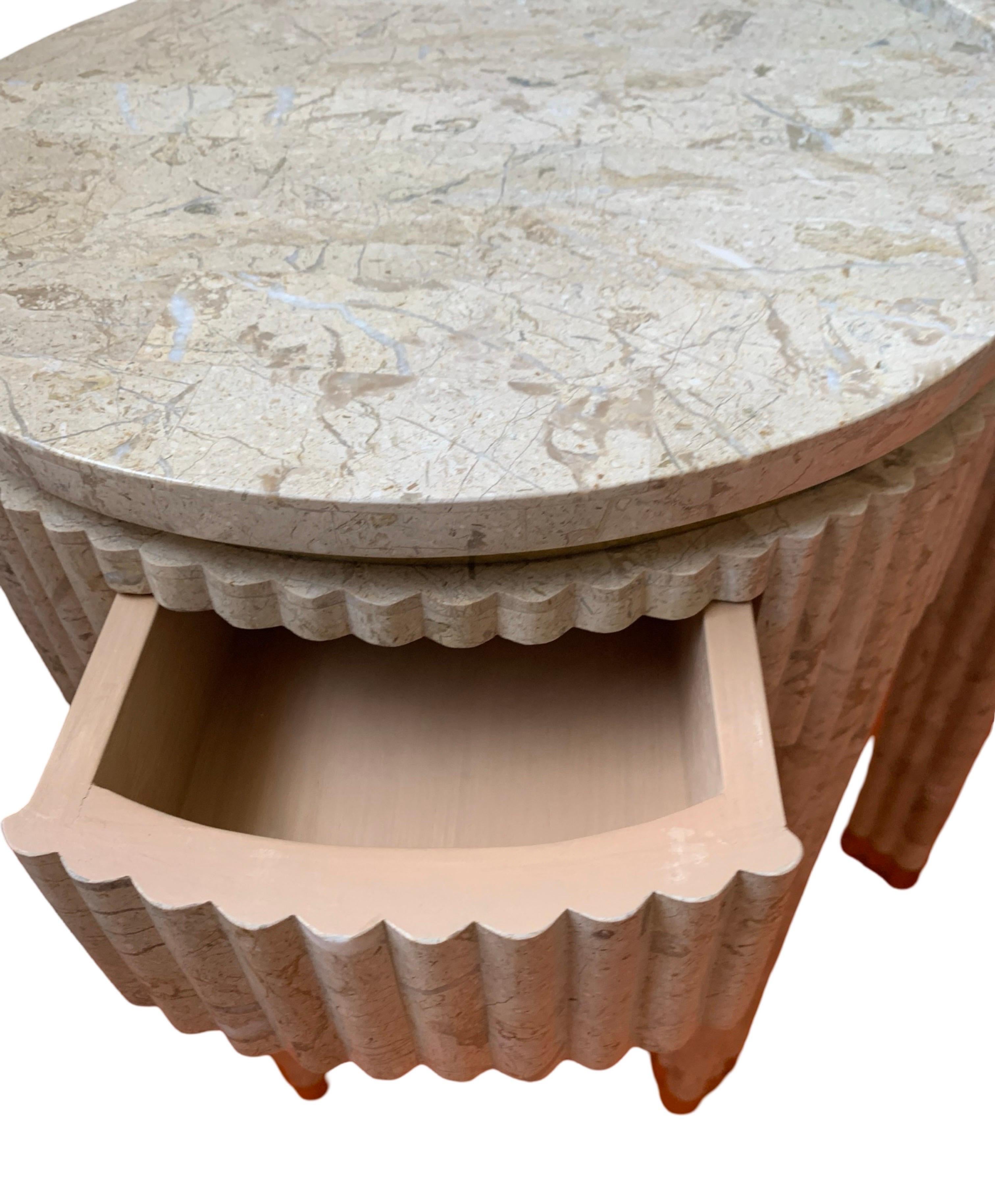 Pair Vintage Tessellated Fluted Tan Marble Side/End Tables Brass Maitland Smith 3