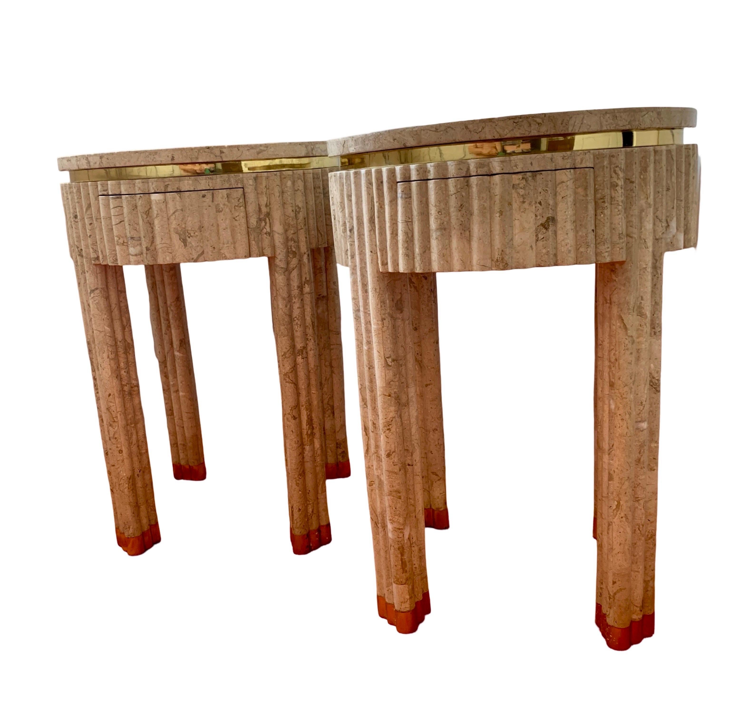 Pair Vintage Tessellated Fluted Tan Marble Side/End Tables Brass Maitland Smith 5