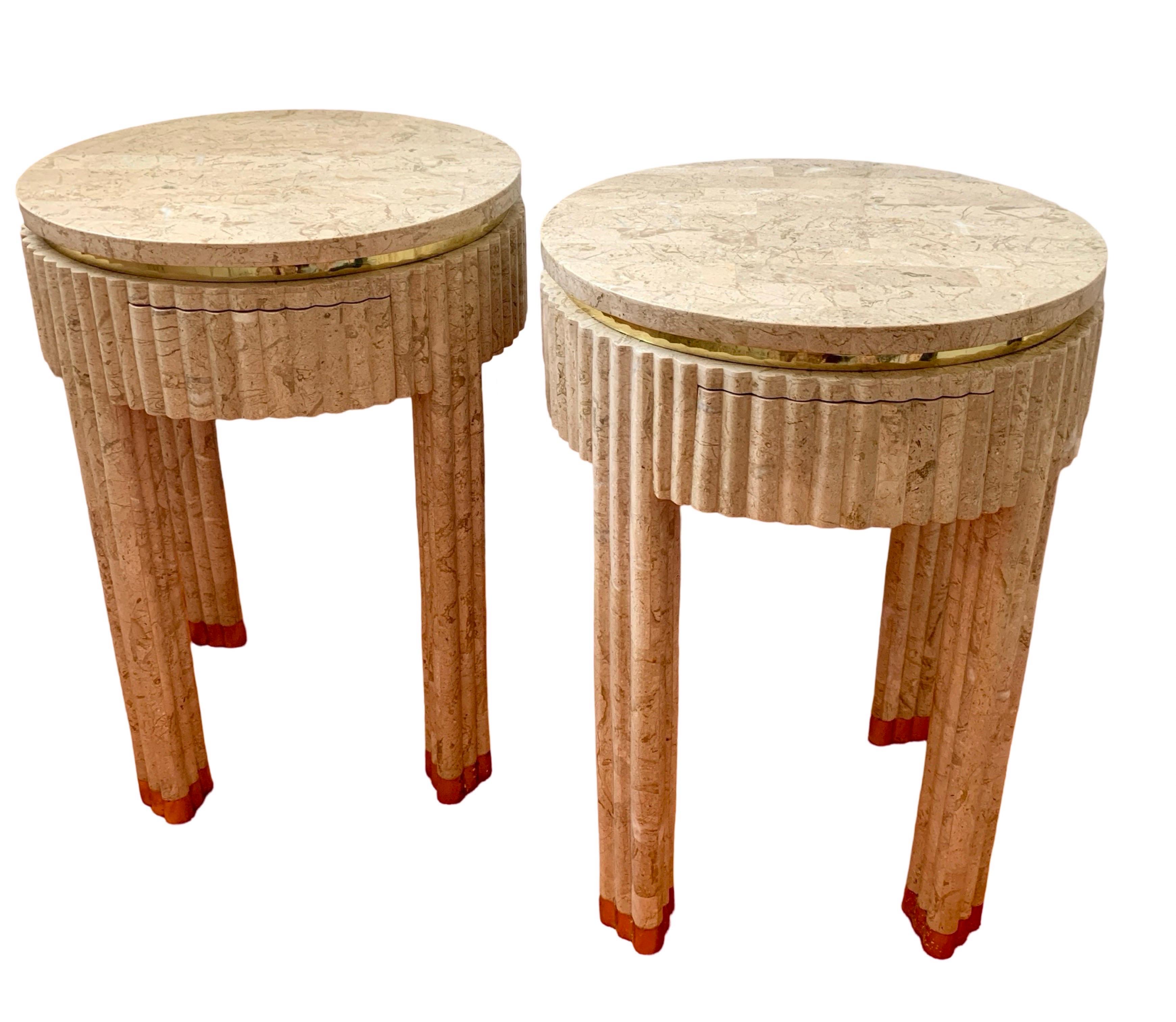 Pair Vintage Tessellated Fluted Tan Marble Side/End Tables Brass Maitland Smith 7