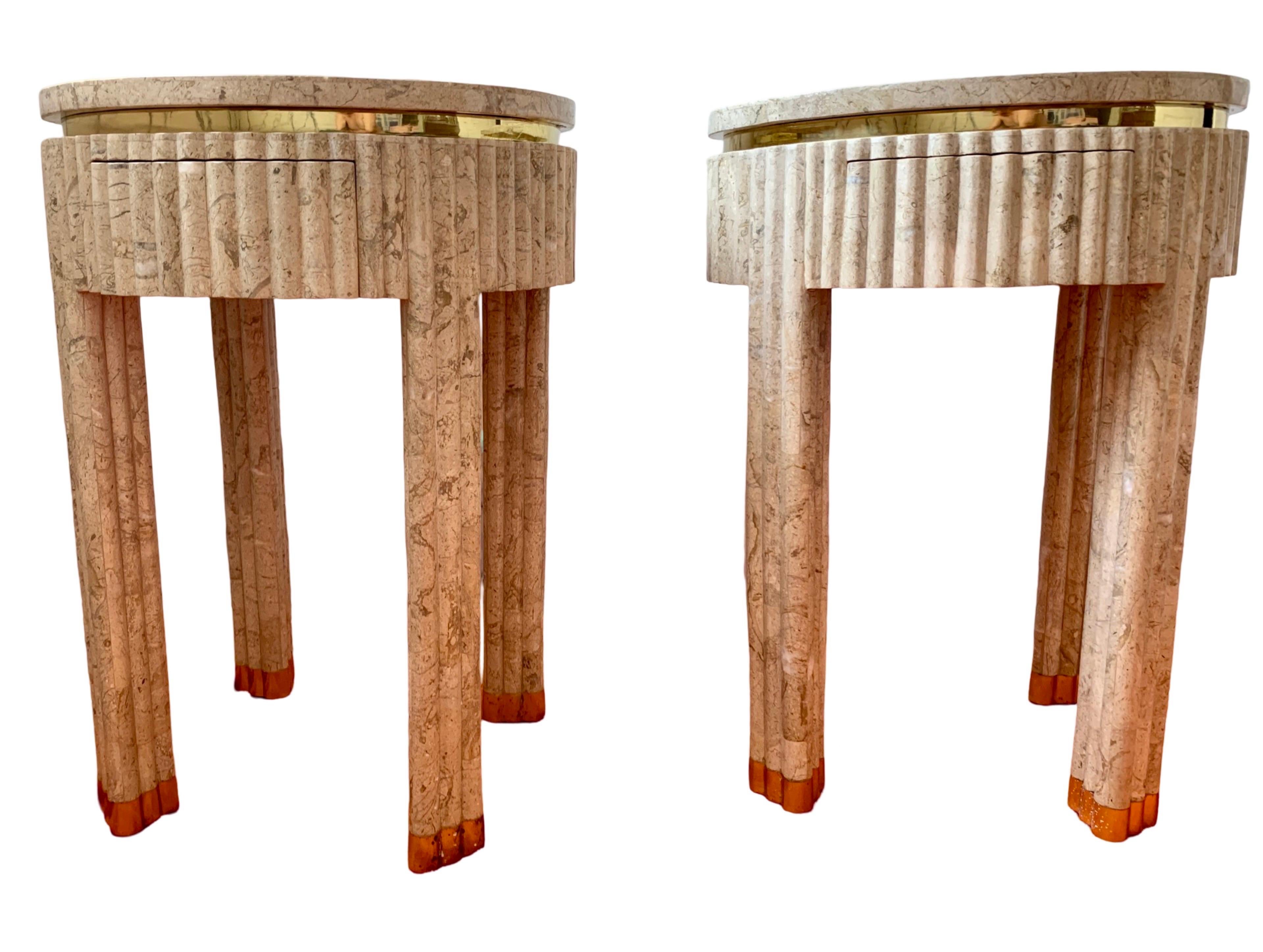 Pair Vintage Tessellated Fluted Tan Marble Side/End Tables Brass Maitland Smith 8