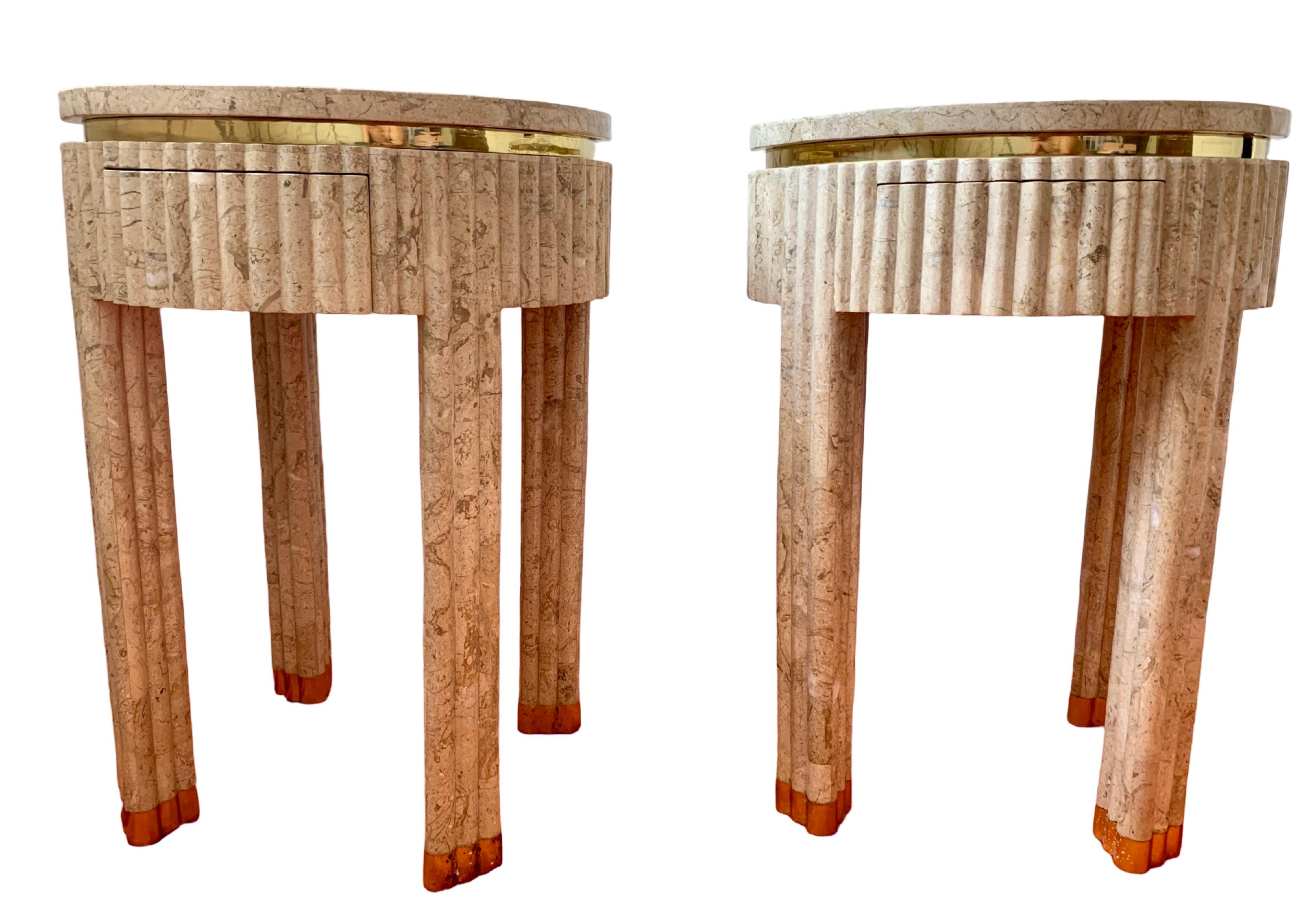 Pair Vintage Tessellated Fluted Tan Marble Side/End Tables Brass Maitland Smith 9