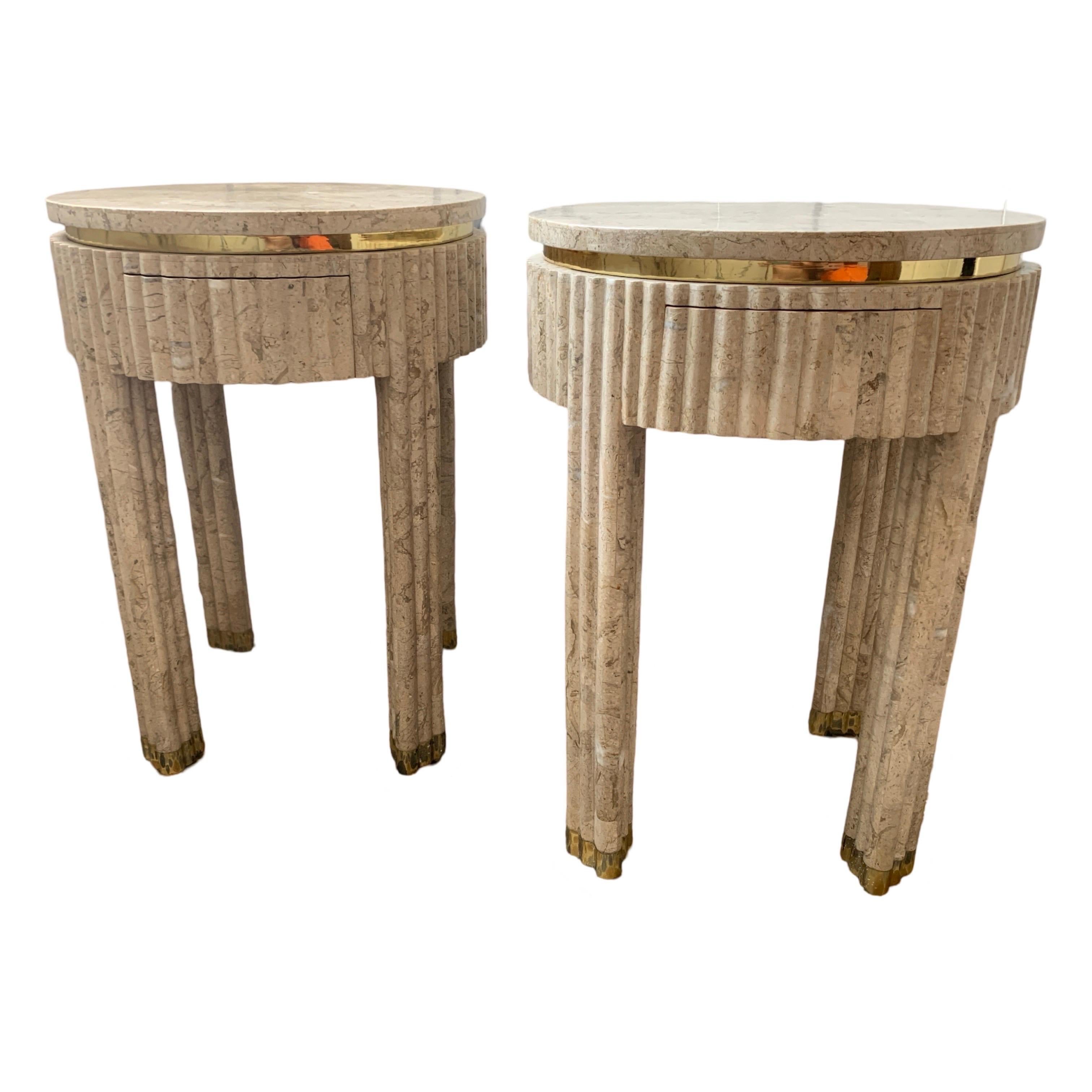 Modern Pair Vintage Tessellated Fluted Tan Marble Side/End Tables Brass Maitland Smith