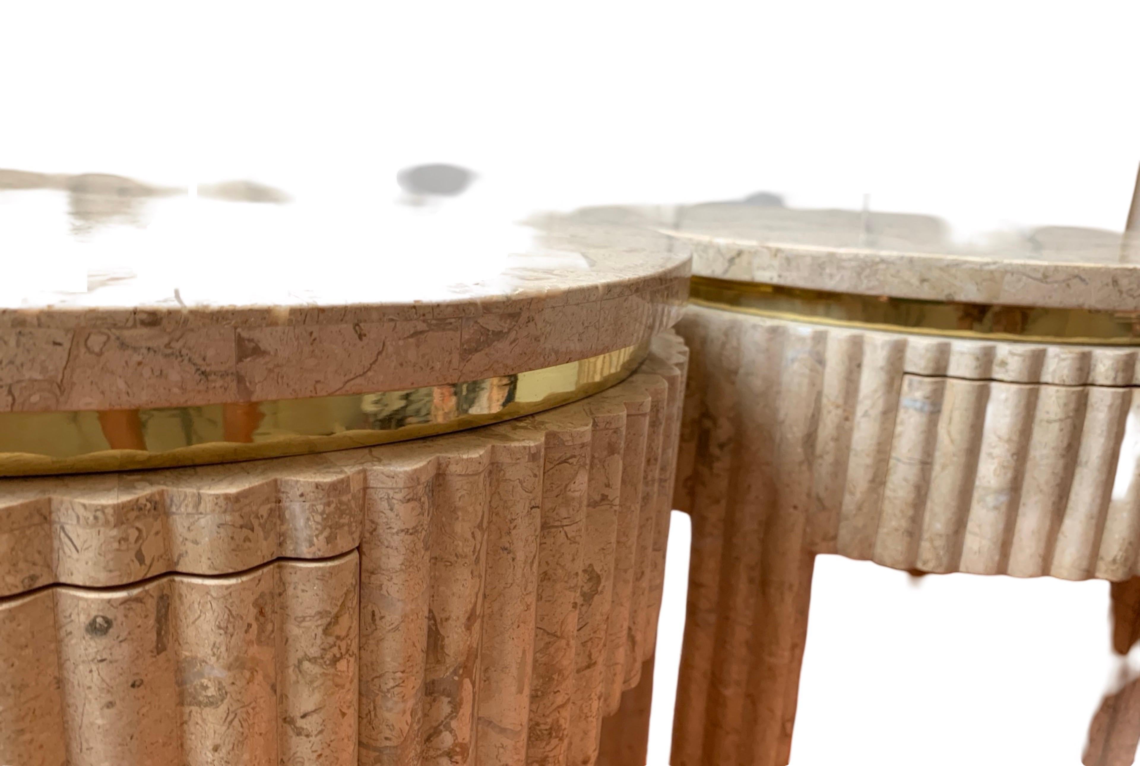 Philippine Pair Vintage Tessellated Fluted Tan Marble Side/End Tables Brass Maitland Smith
