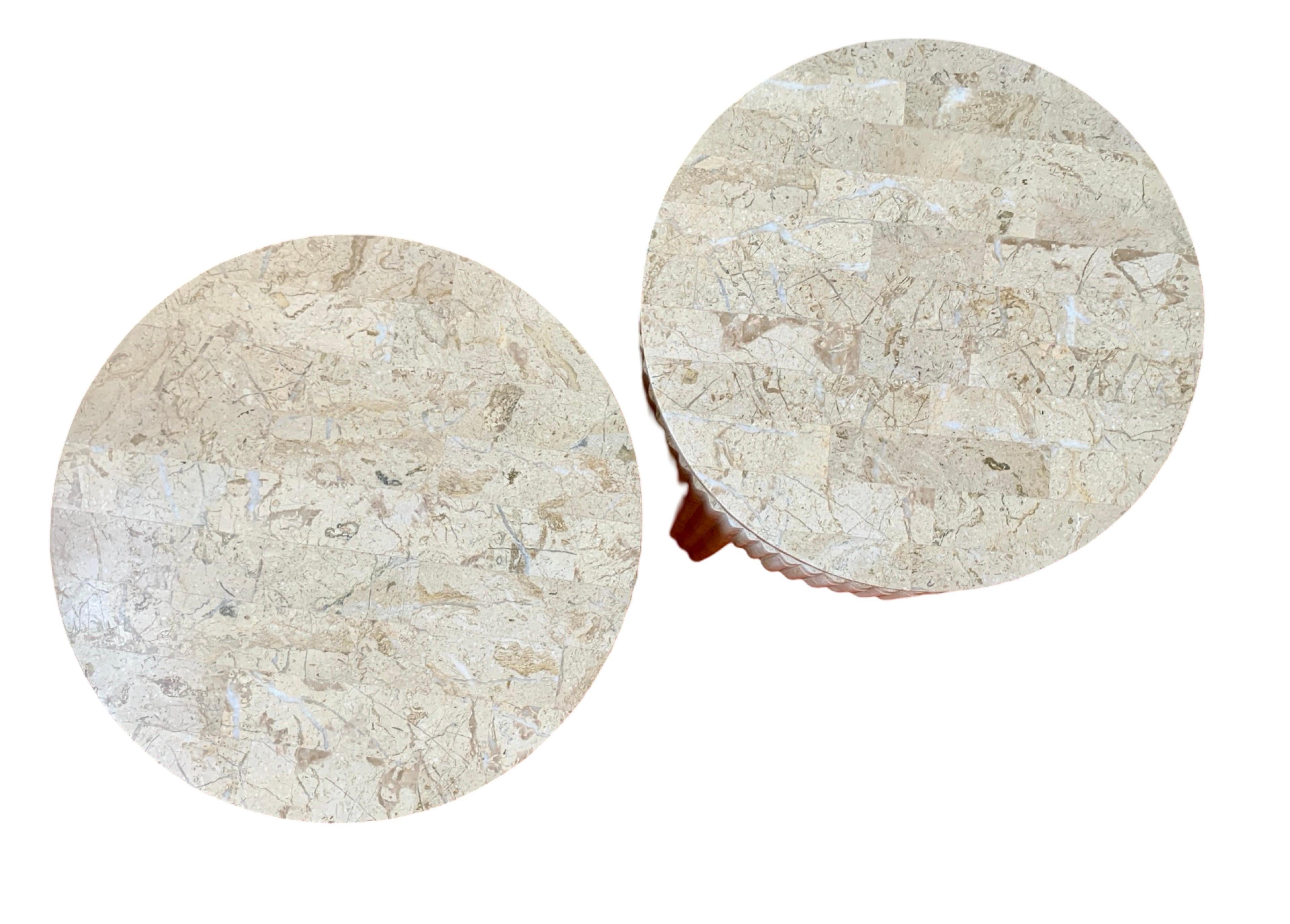 Hand-Crafted Pair Vintage Tessellated Fluted Tan Marble Side/End Tables Brass Maitland Smith