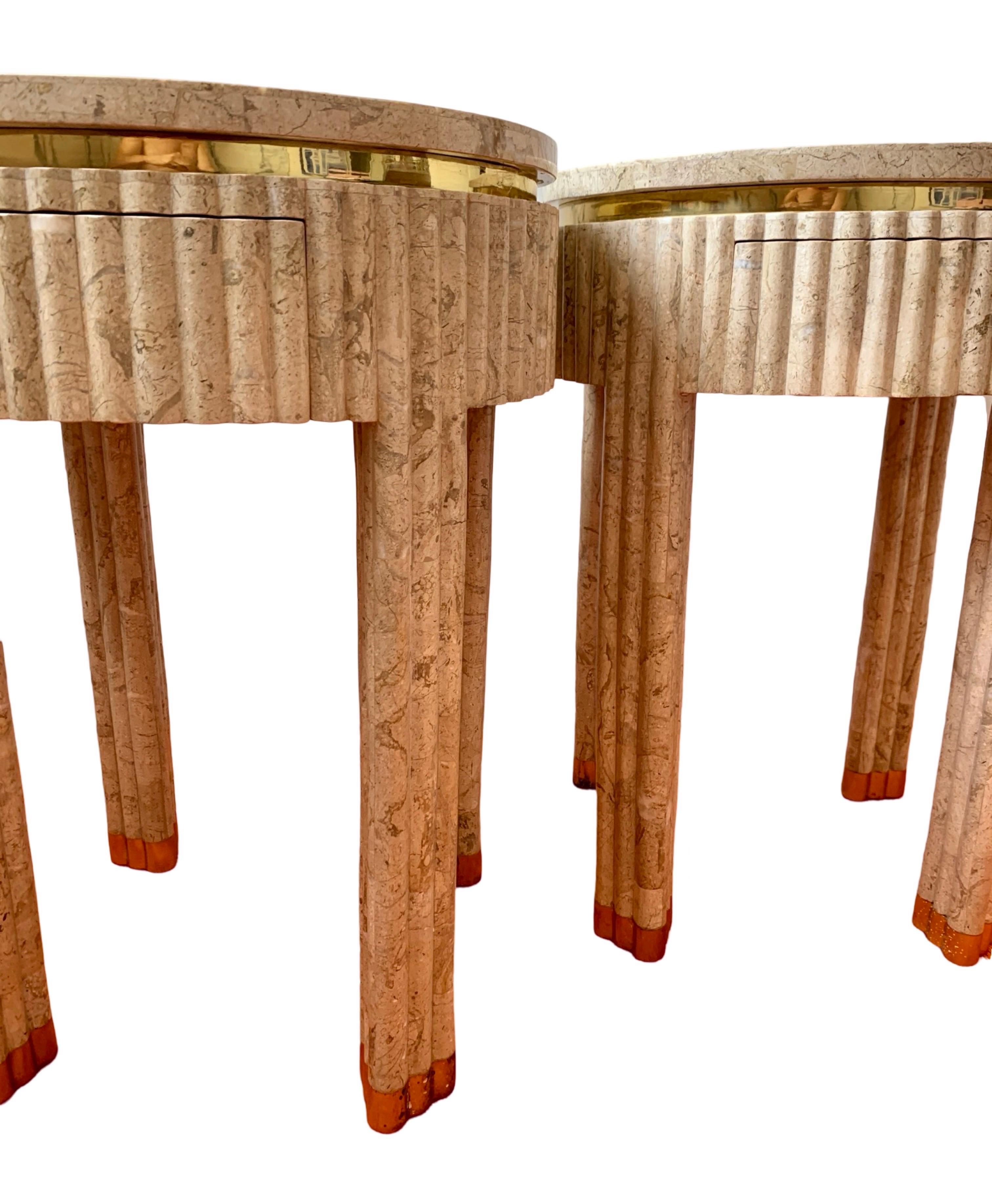 Pair Vintage Tessellated Fluted Tan Marble Side/End Tables Brass Maitland Smith 1