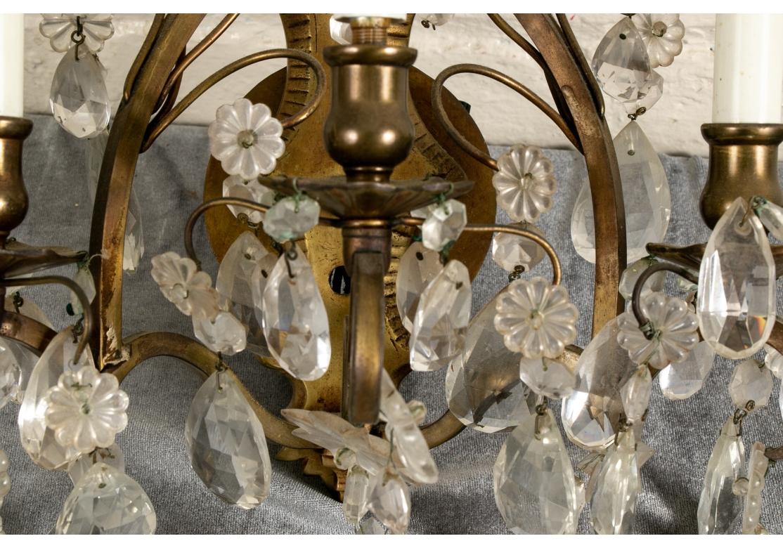 Pair Vintage Three-light Brass And Crystal Sconces en vente 3