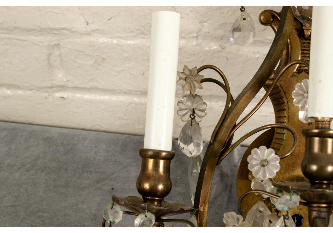 Rococo Pair Vintage Three-light Brass And Crystal Sconces en vente