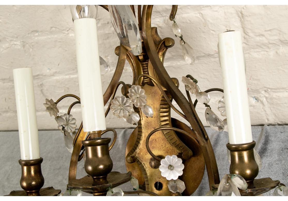 Américain Pair Vintage Three-light Brass And Crystal Sconces en vente