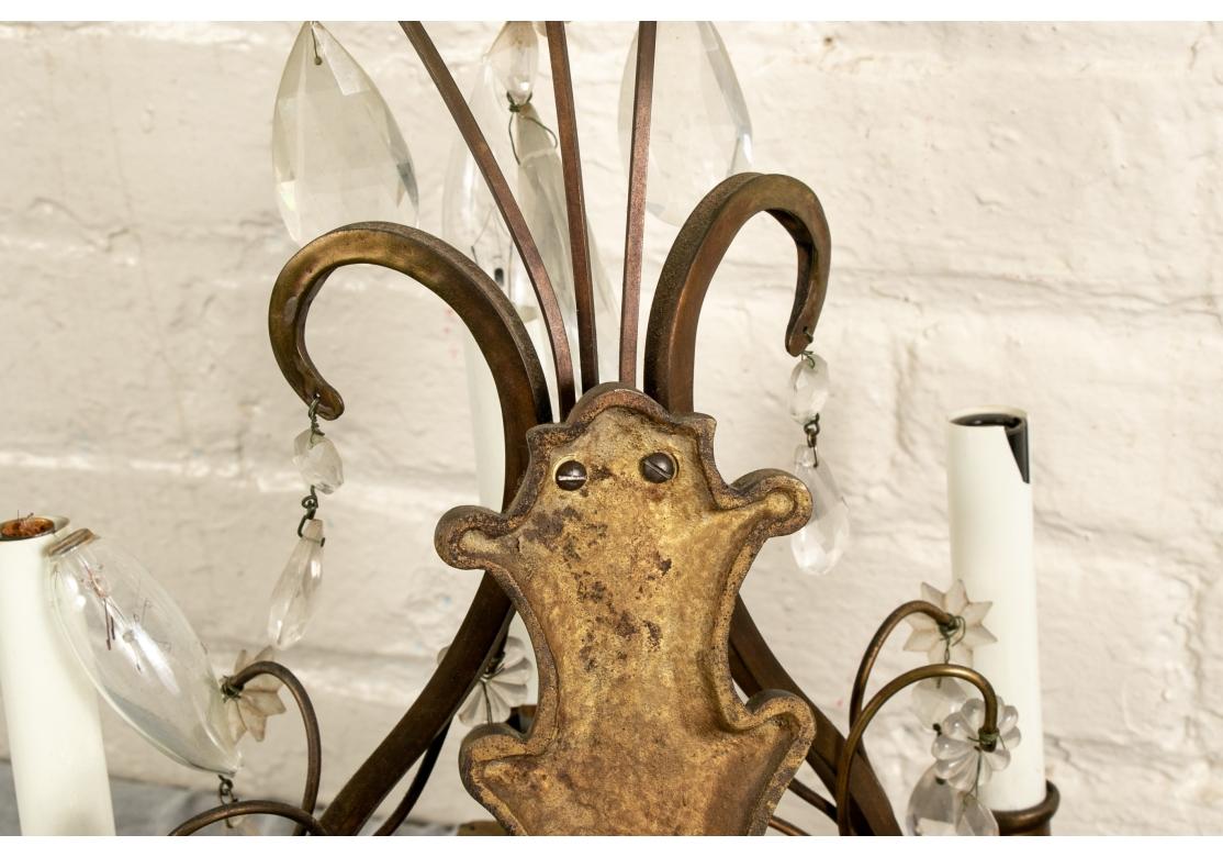 Métal Pair Vintage Three-light Brass And Crystal Sconces en vente
