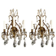 Pair Vintage Three-light Brass And Crystal Sconces