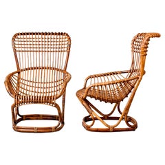 Pair Vintage Tito Agnoli for Bonacini Italian Rattan B4 Armchairs