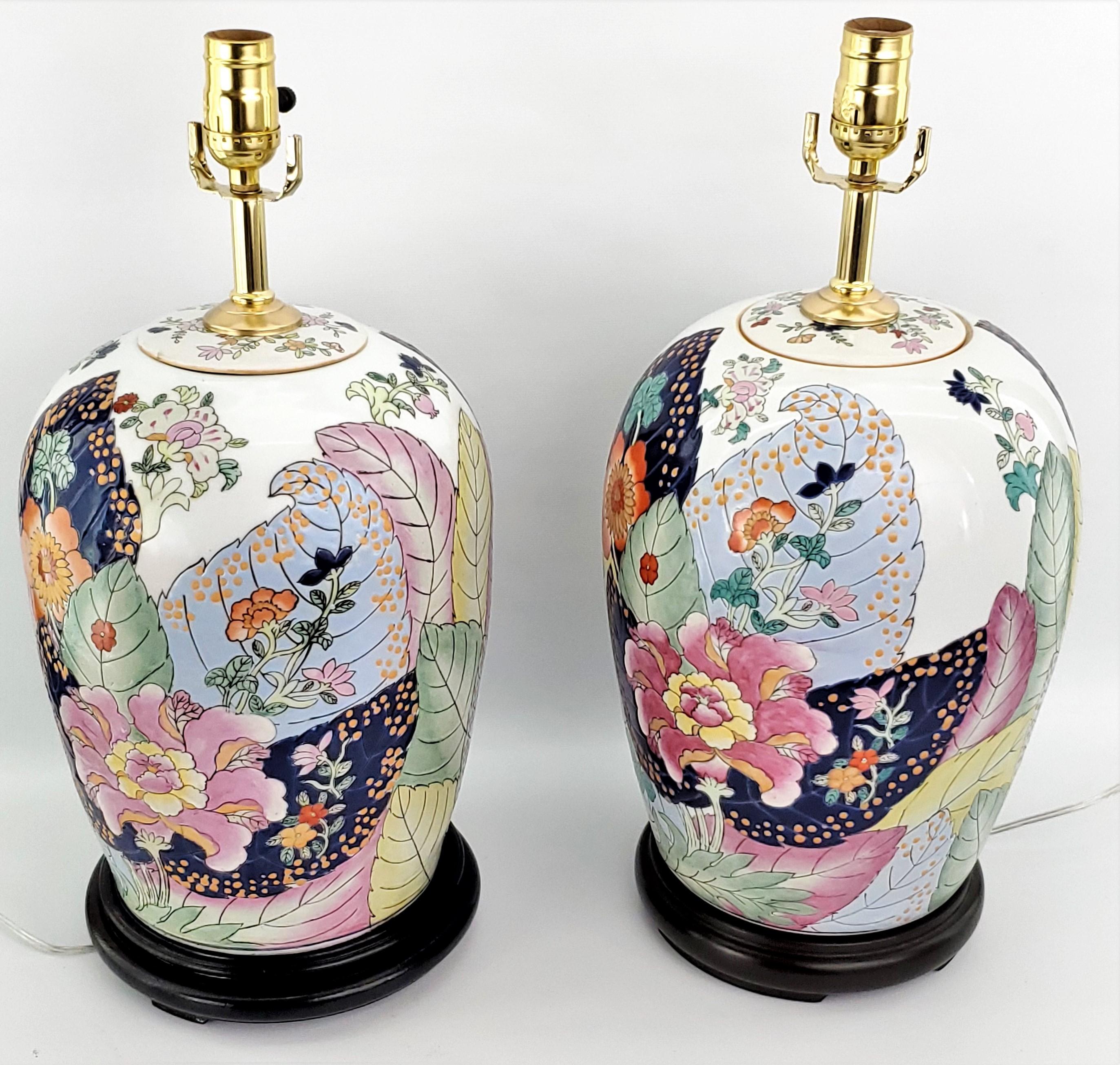 Brass Pair Vintage Chinese Porcelain Hand Painted Tobacco Leaf Table Lamps Ginger Jars For Sale