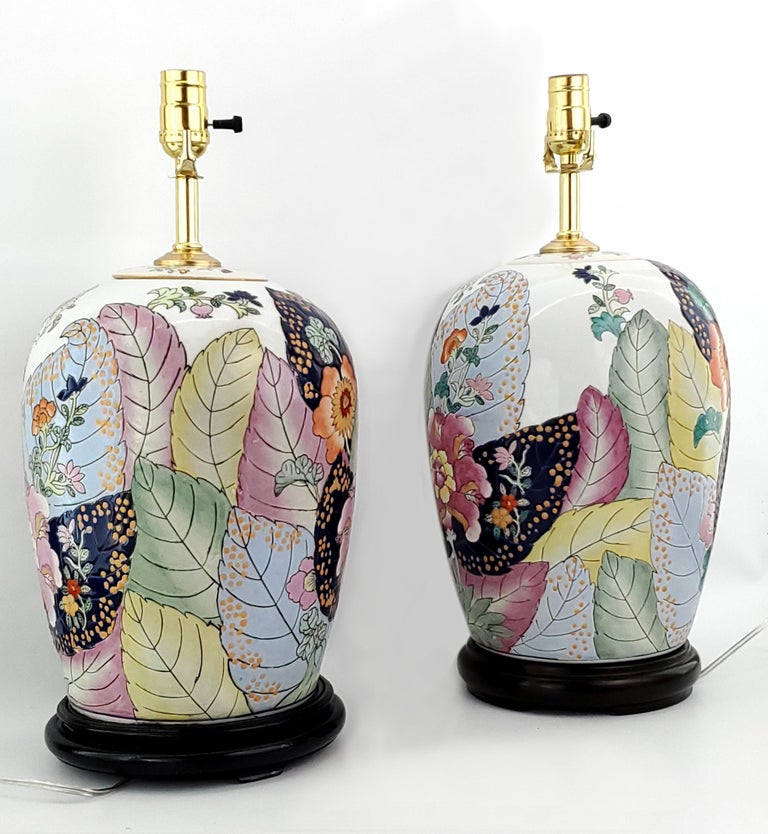 Pair Vintage Chinese Porcelain Hand Painted Tobacco Leaf Table Lamps Ginger  Jars For Sale at 1stDibs