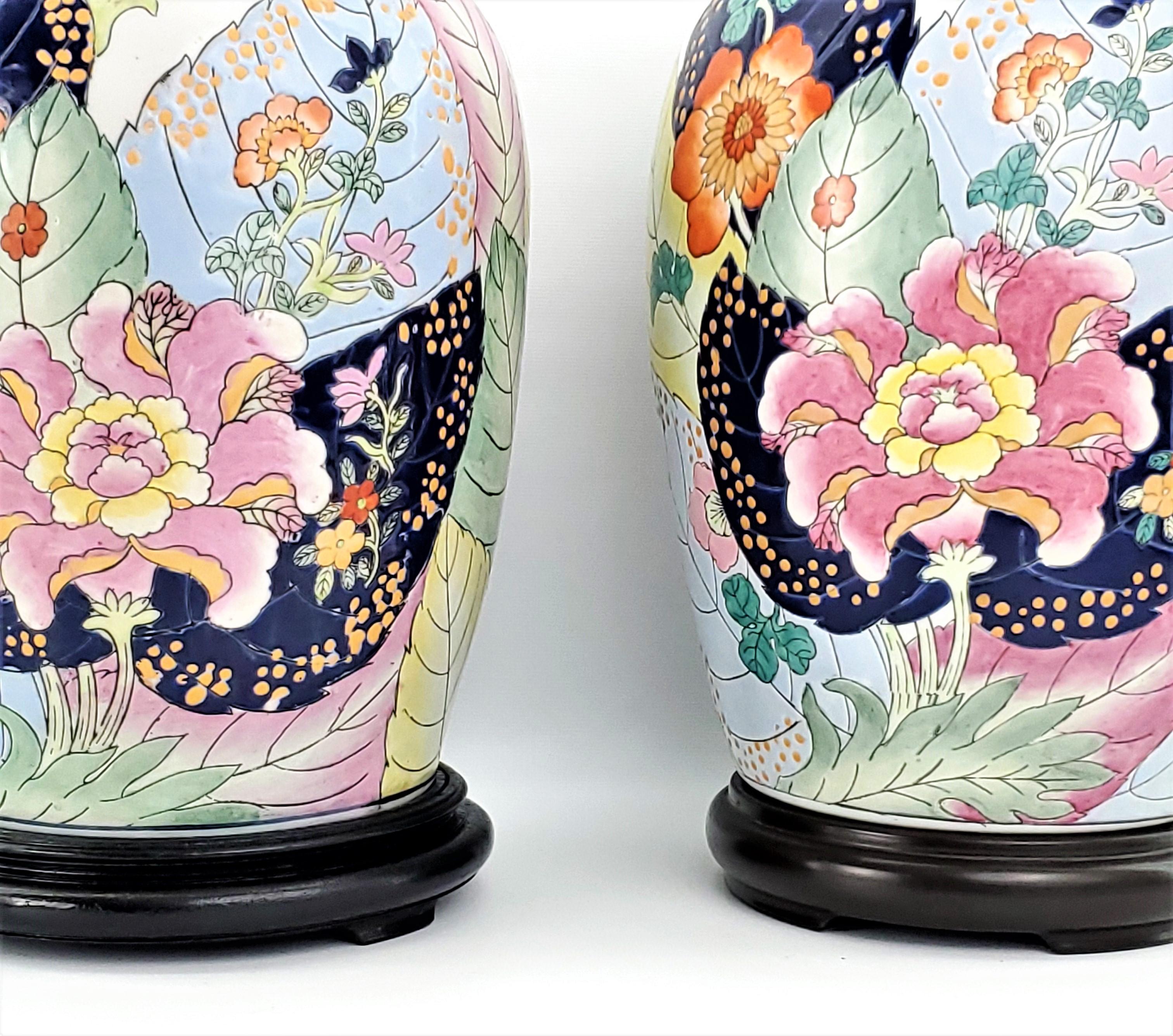 Pair Vintage Chinese Porcelain Hand Painted Tobacco Leaf Table Lamps Ginger Jars For Sale 1