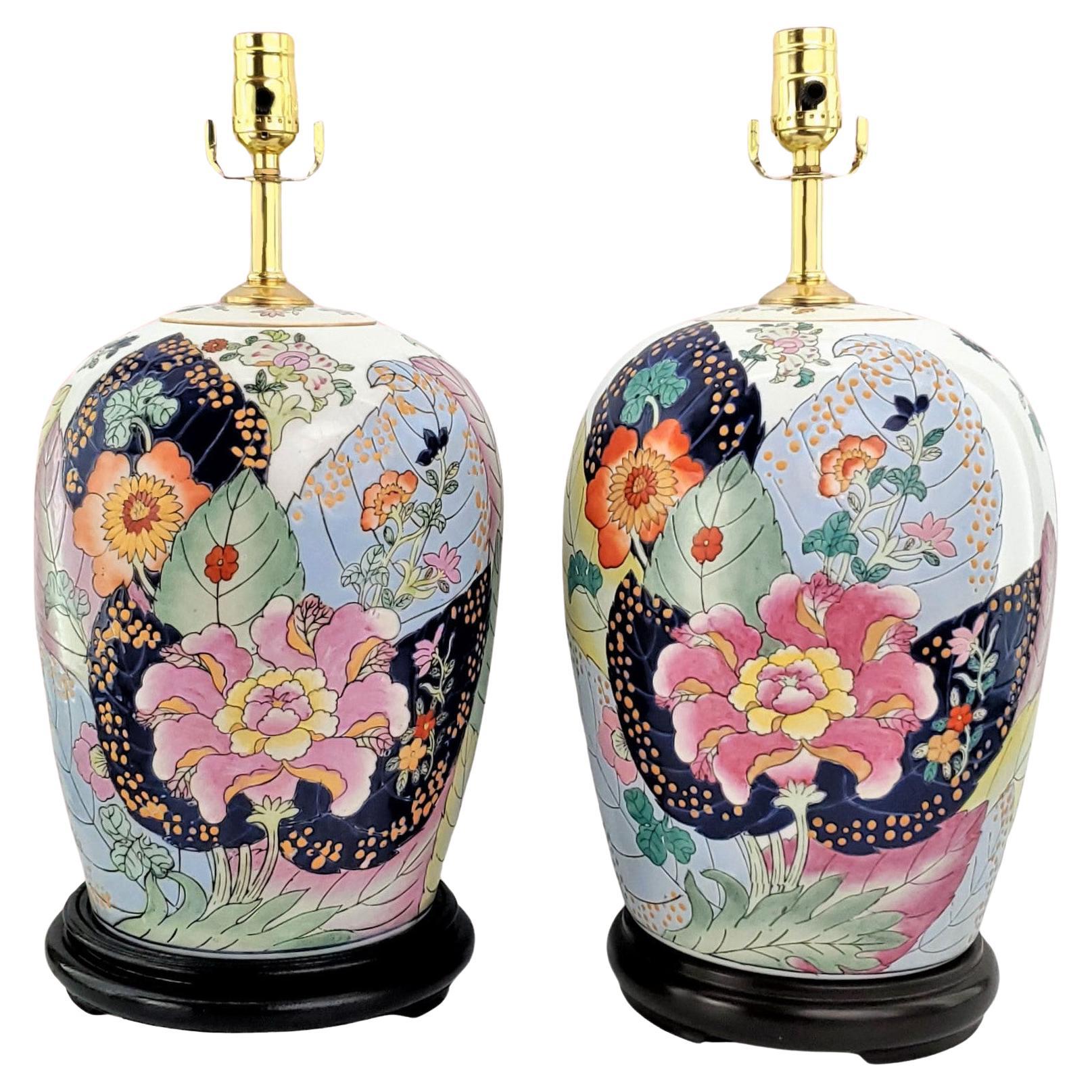 Pair Vintage Chinese Porcelain Hand Painted Tobacco Leaf Table Lamps Ginger Jars For Sale