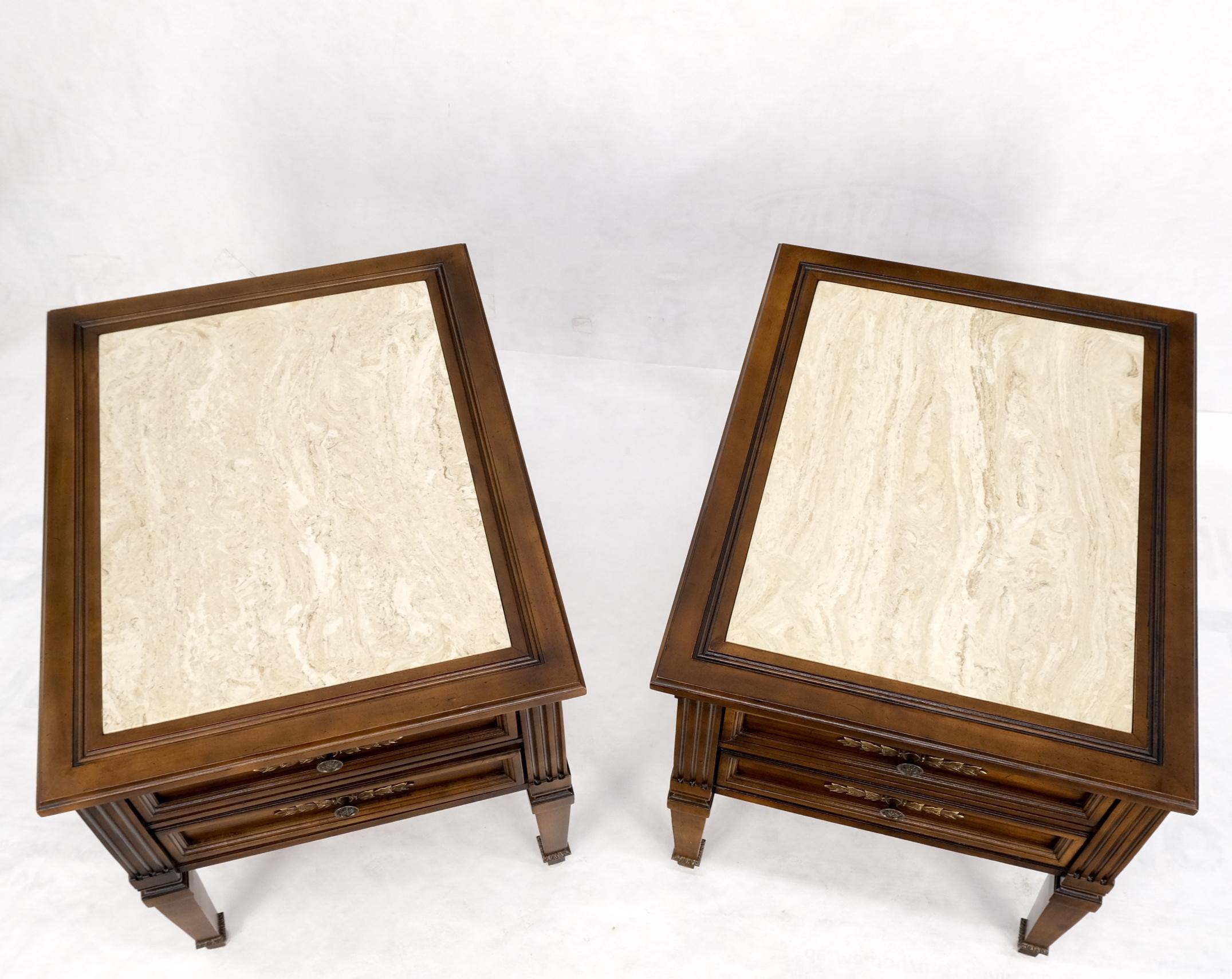 Pair Vintage Travertine Tops Cherry or Walnut Two Drawers End Tables Nightstands For Sale 4