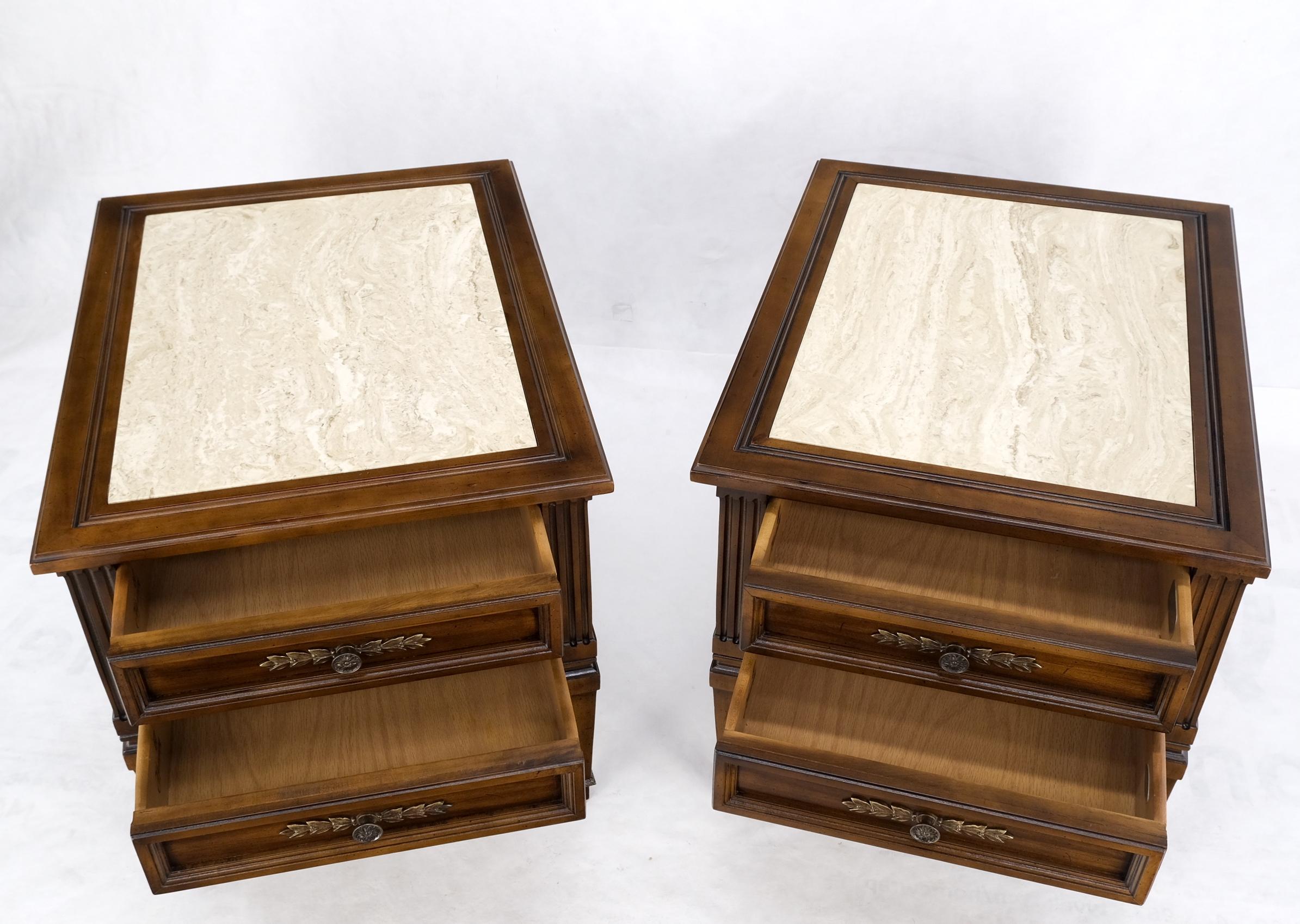 Pair Vintage Travertine Tops Cherry or Walnut Two Drawers End Tables Nightstands For Sale 6