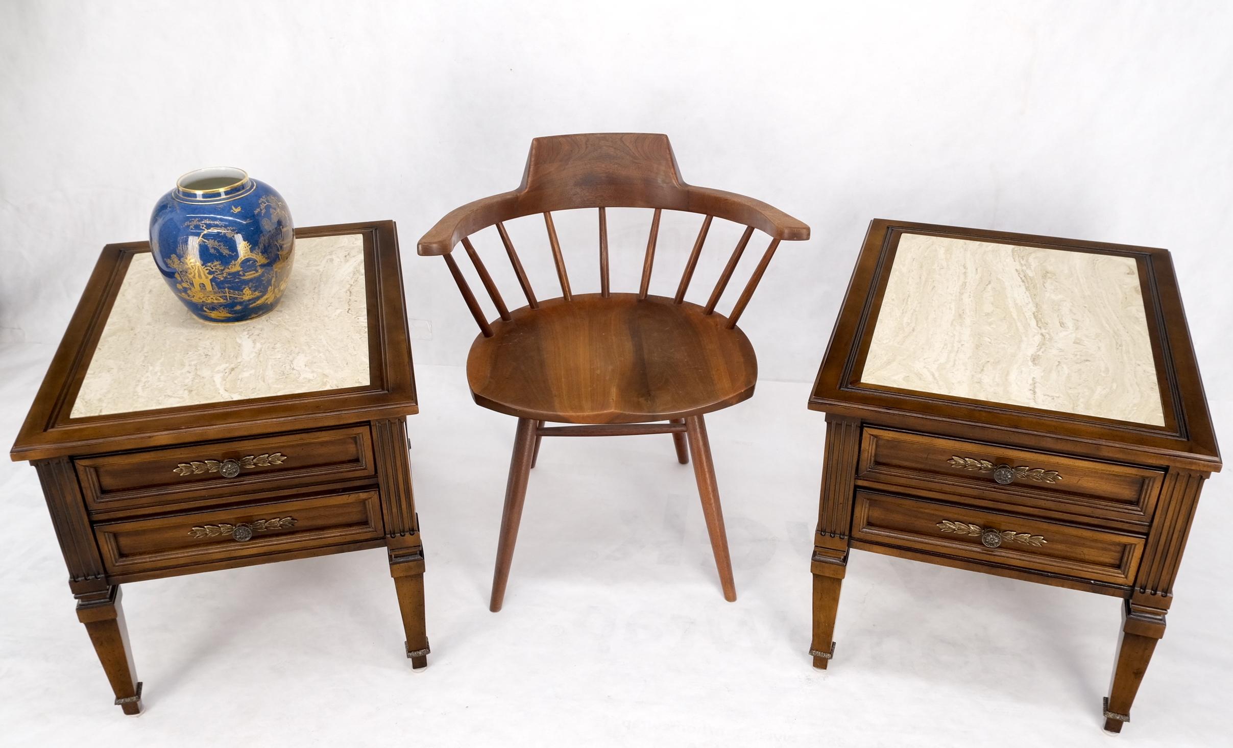 Pair Vintage Travertine Tops Cherry or Walnut Two Drawers End Tables Nightstands For Sale 7