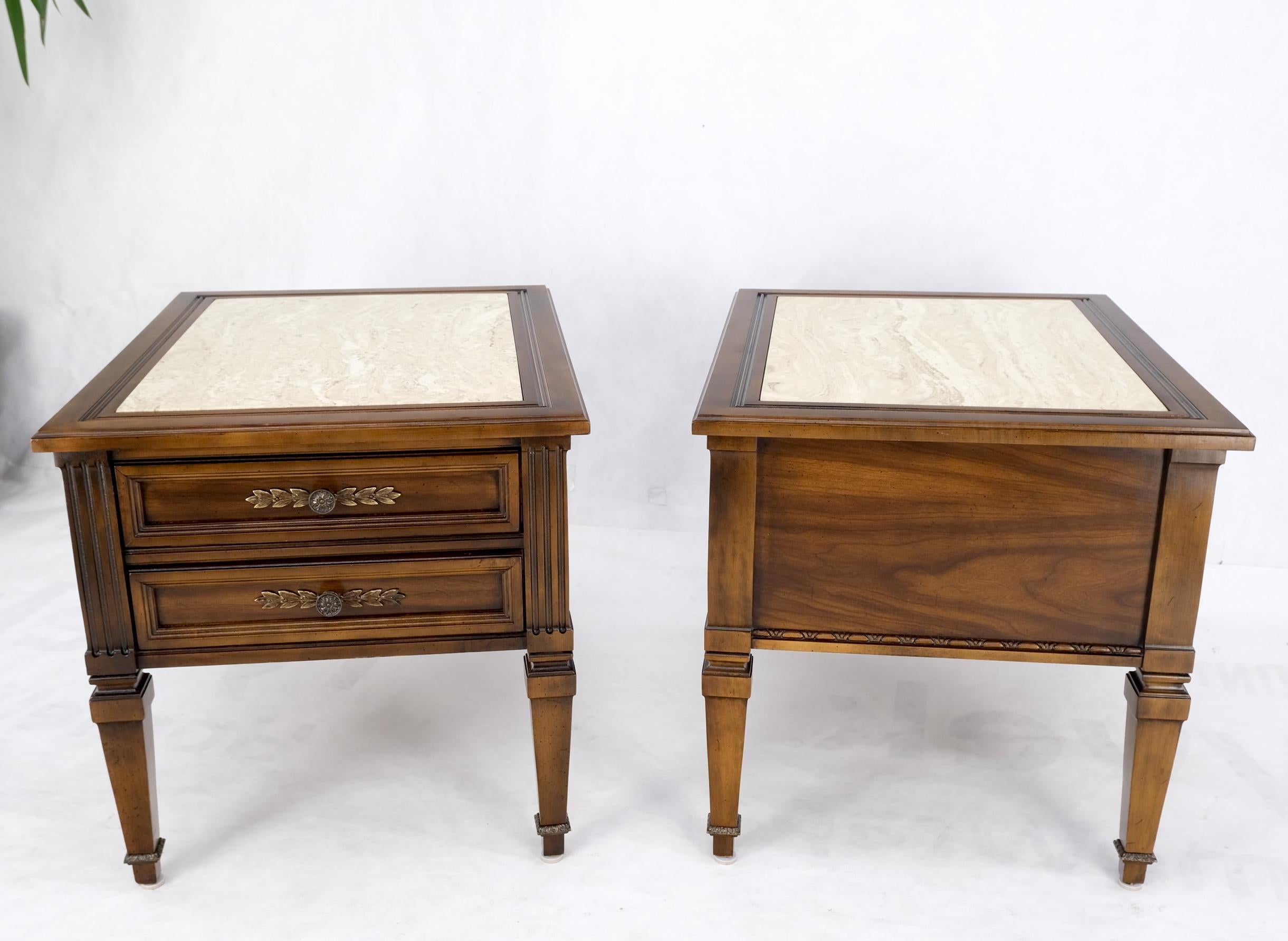 Pair Vintage Travertine Tops Cherry or Walnut Two Drawers End Tables Nightstands For Sale 8