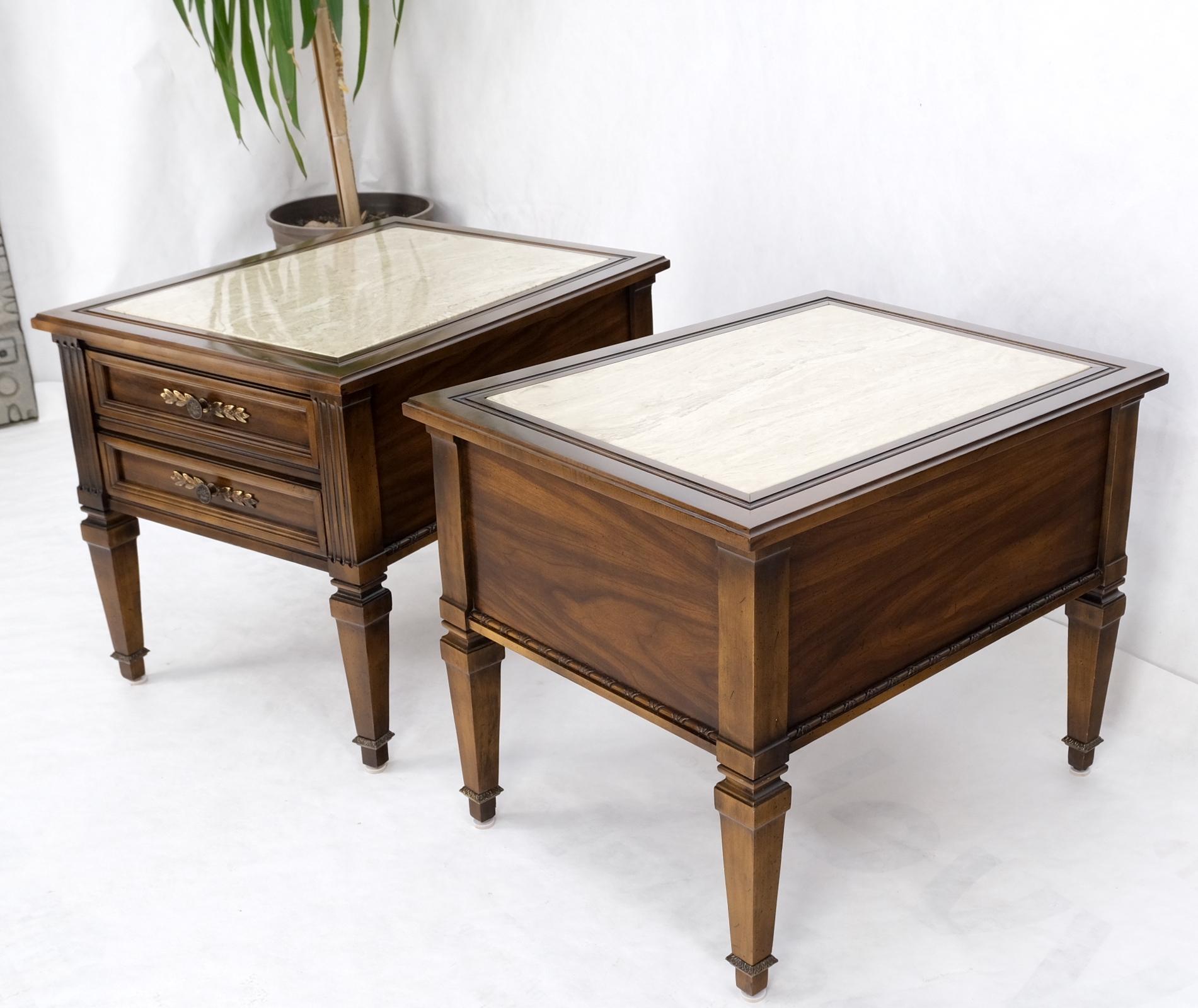 Pair Vintage Travertine Tops Cherry or Walnut Two Drawers End Tables Nightstands For Sale 9