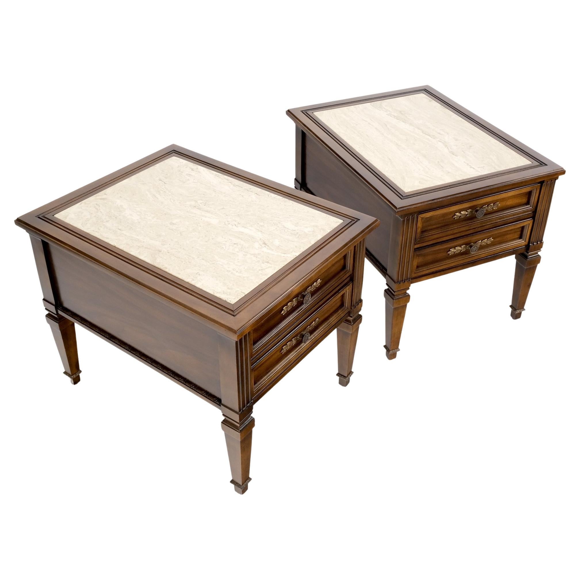 Pair Vintage Travertine Tops Cherry or Walnut Two Drawers End Tables Nightstands.