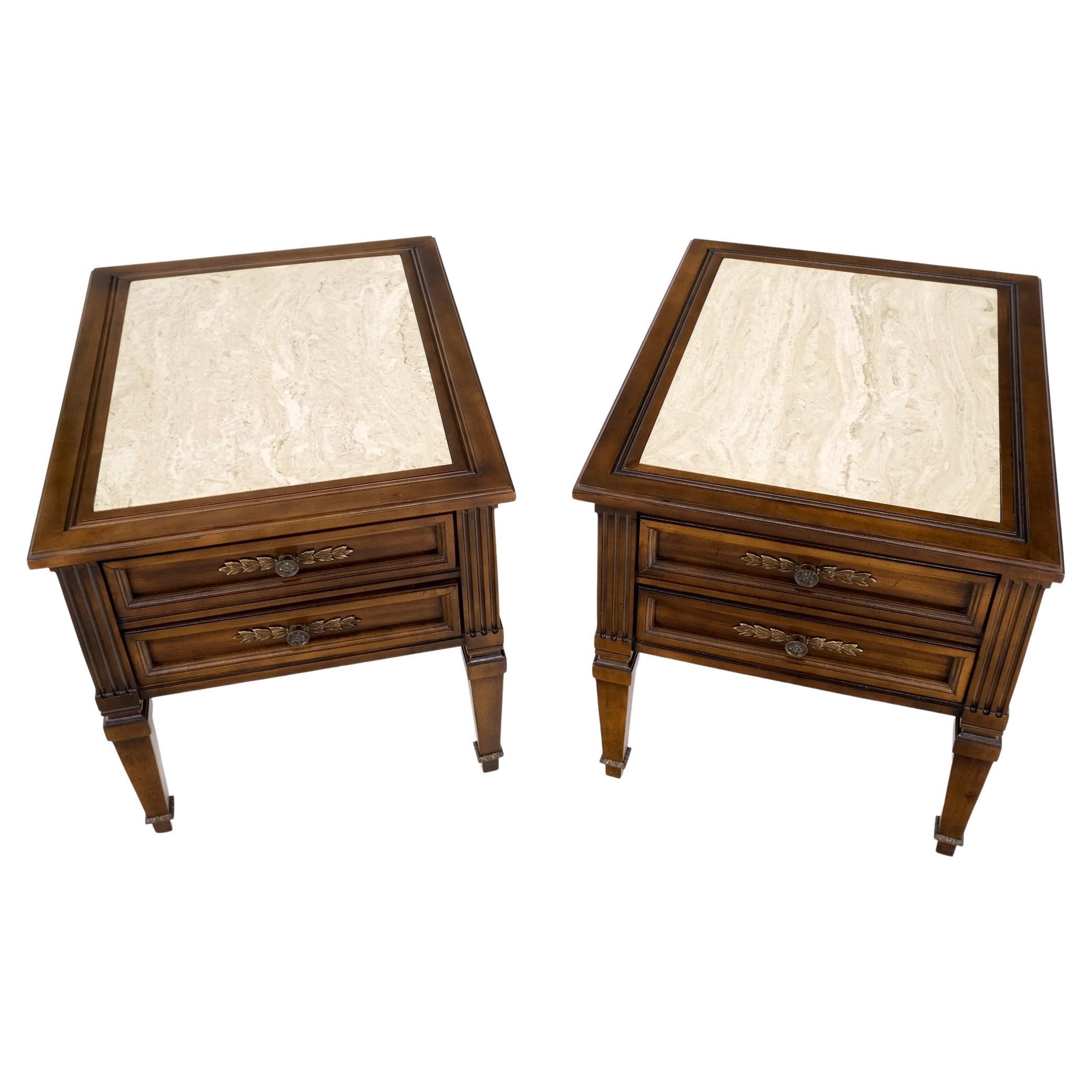 Pair Vintage Travertine Tops Cherry or Walnut Two Drawers End Tables Nightstands For Sale