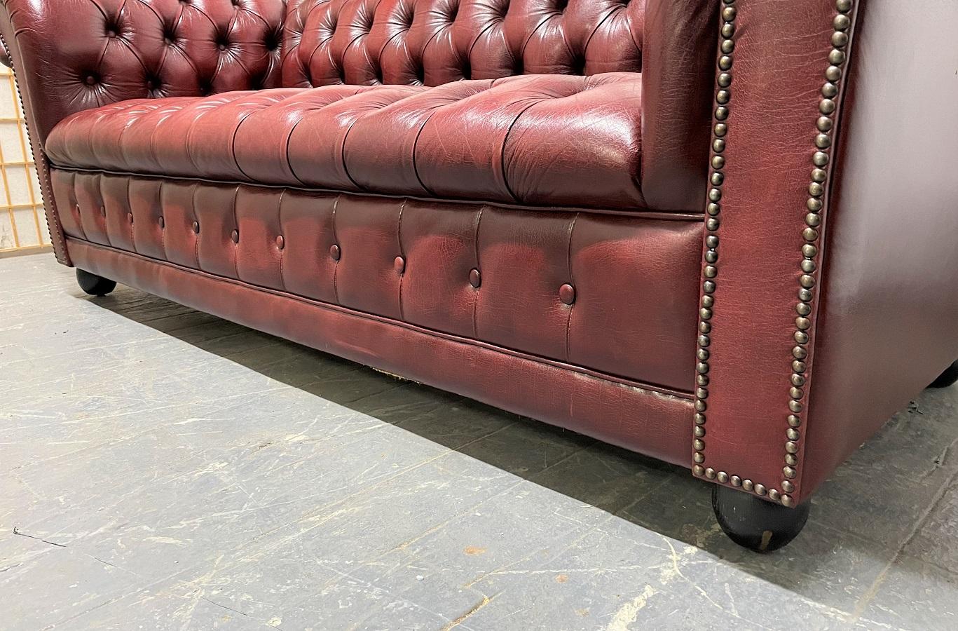 Pair Vintage Tufted Leather Chesterfield Sofas For Sale 1