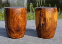 Pair Vintage Turned Solid Teak Drum Side Tables or Stools, Studio Made
